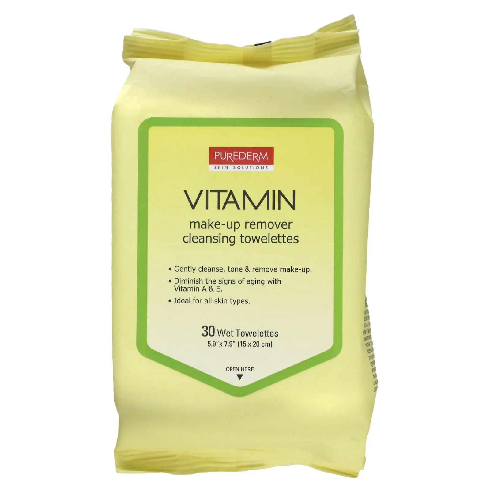 Purederm, Очищающие салфетки для снятия макияжа, витамины, 30 влажных салфеток
