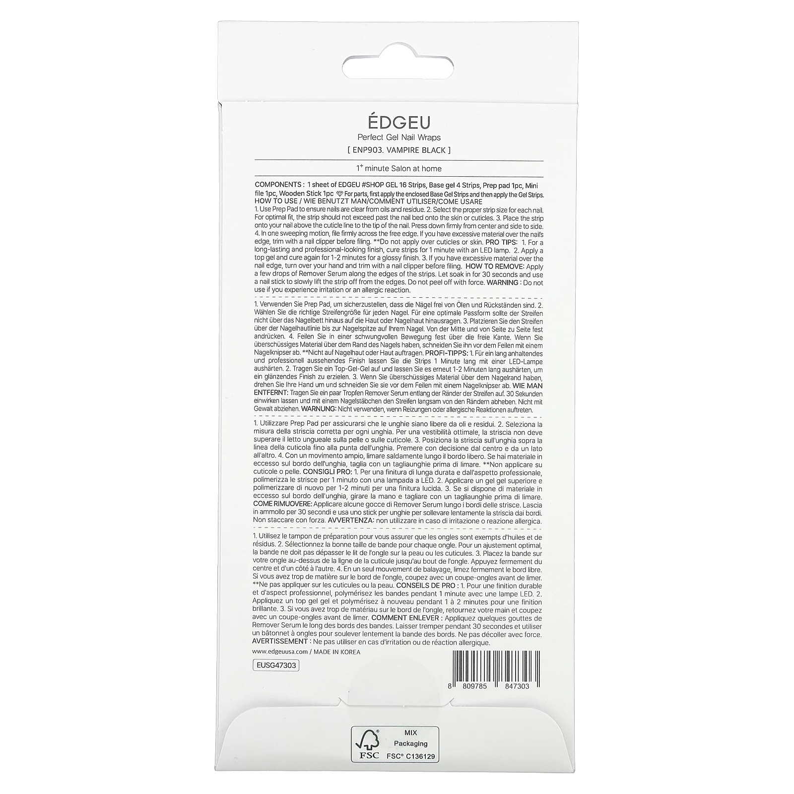 Edgeu, Гелевые обертывания для ногтей Perfect, ENP903, черный вампир, набор из 16 полосок