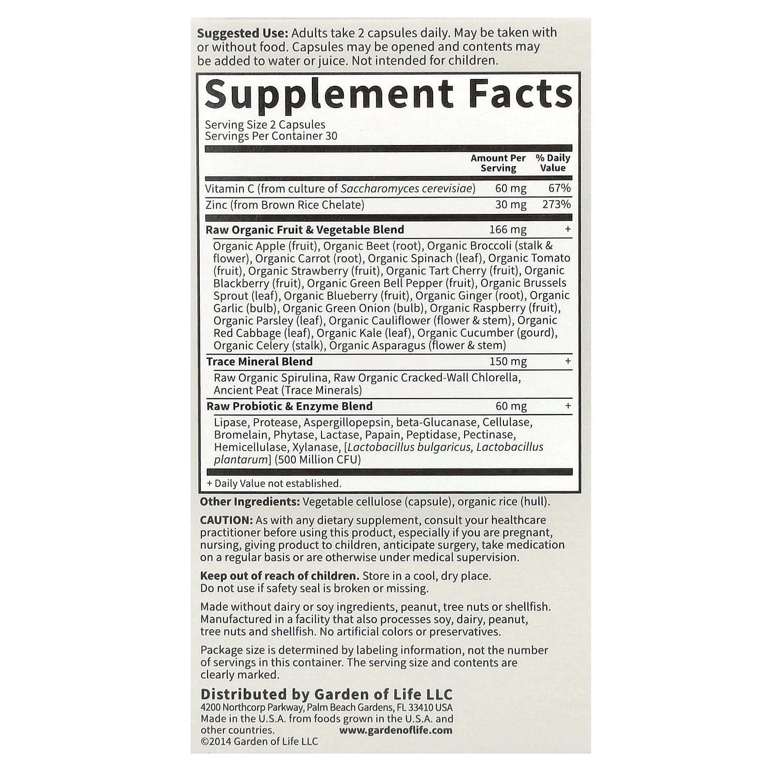 Garden of Life, Vitamin Code, RAW Zinc, 60 веганских капсул