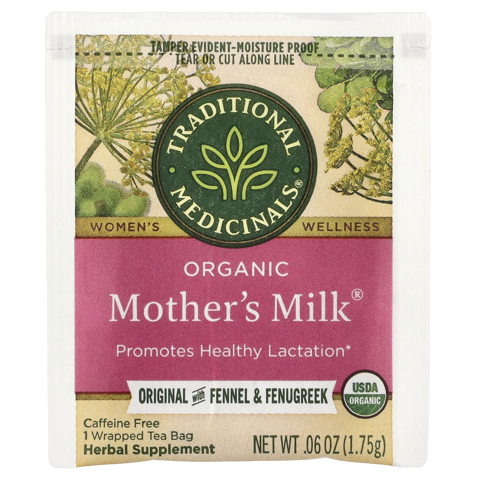 Traditional Medicinals, Organic Mother's Milk®, оригинальный продукт с фенхелем и пажитником, без кофеина, 48 чайных пакетиков в упаковке, 84 г (2,96 унции)