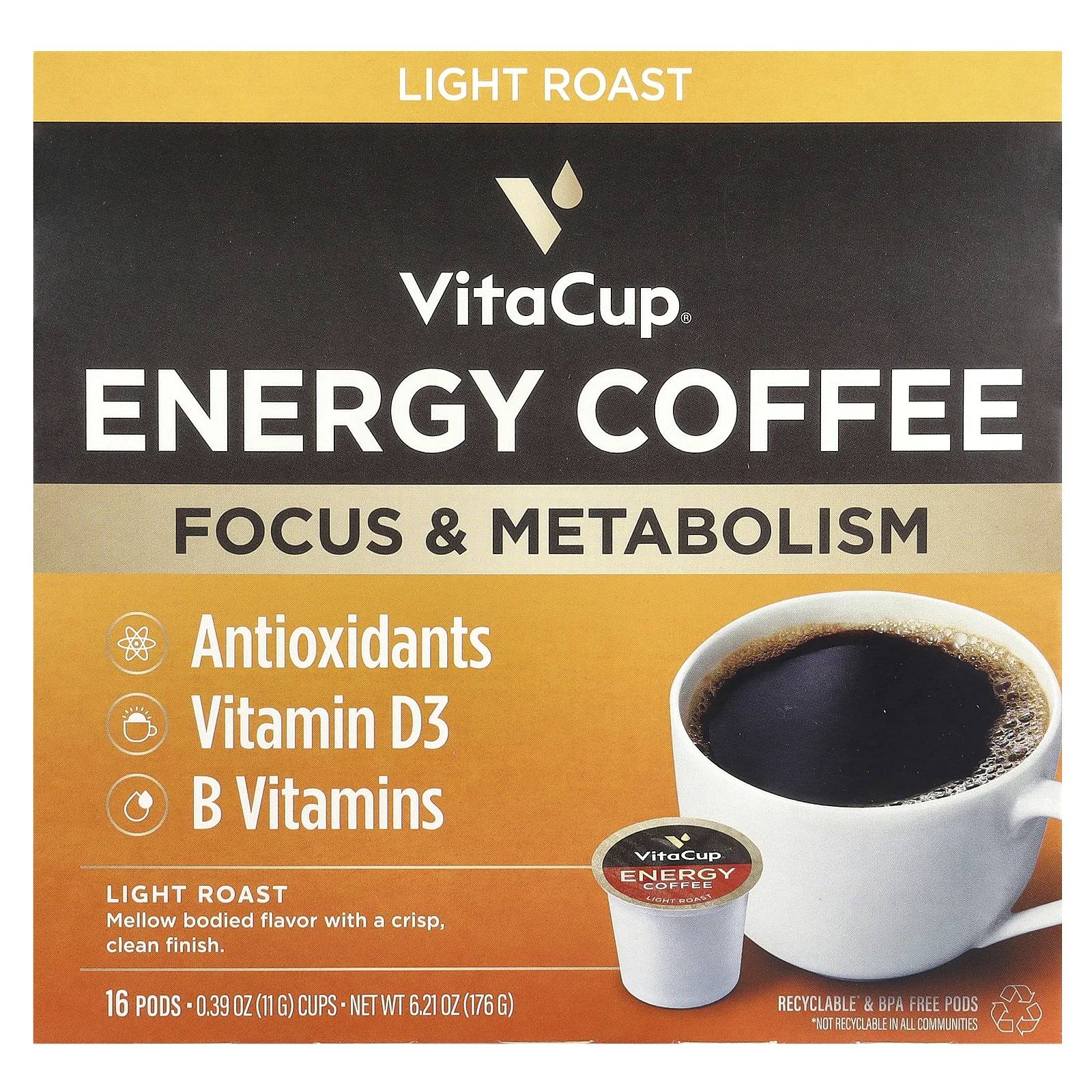 VitaCup, Energy Coffee, легкая обжарка, 16 чашек по 11 г (0,39 унции)