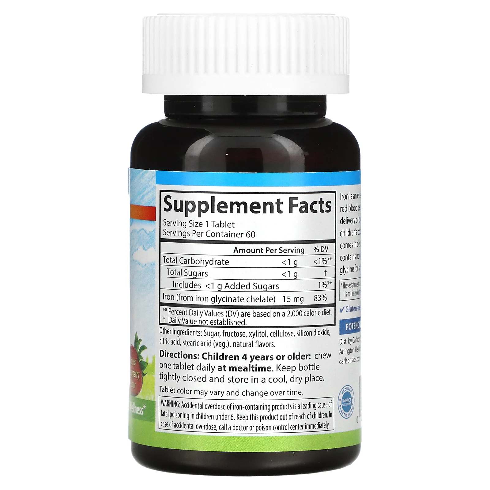 Carlson, Детские жевательные таблетки с железом, натуральный клубничный ароматизатор, 15 мг, 60 таблеток