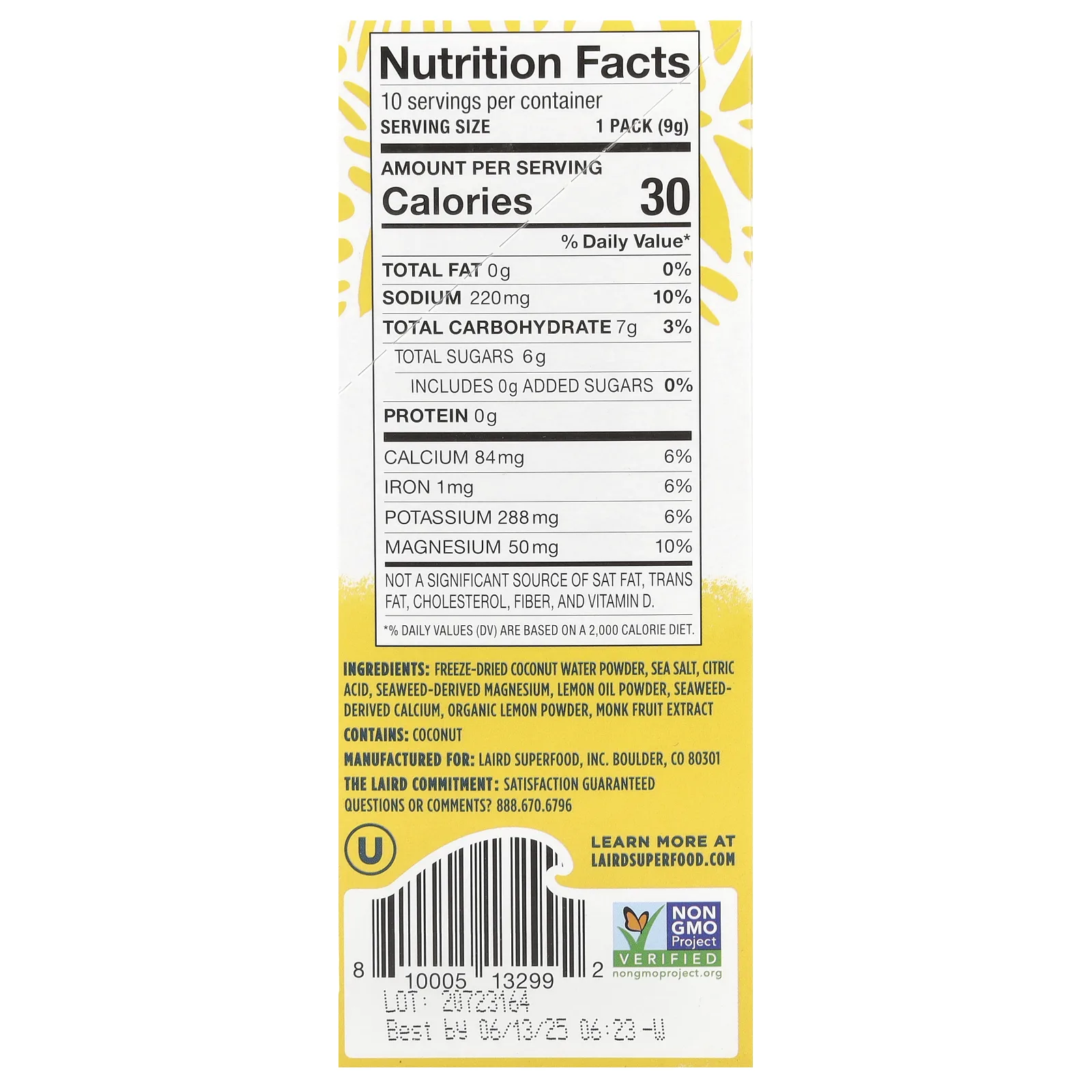 Laird Superfood, Hydrate Coconut Water, смесь для приготовления электролитов, лимон, 10 пакетиков по 9 г (0,3 унции)