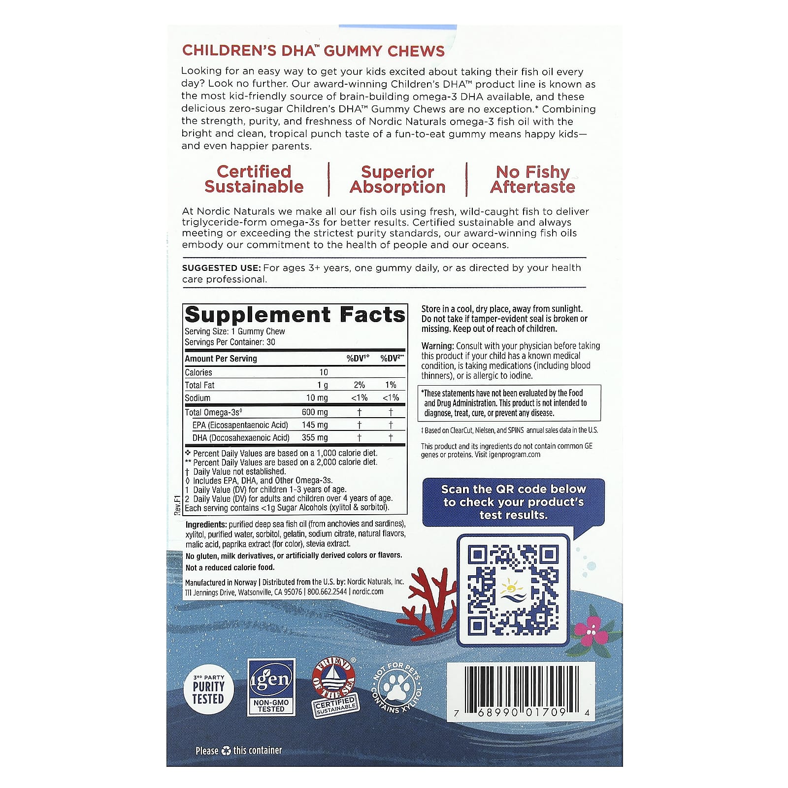 Nordic Naturals, Children's DHA, жевательные таблетки с ДГК, для детей от 3 лет, со вкусом тропических фруктов, 600 мг, 30 жевательных таблеток