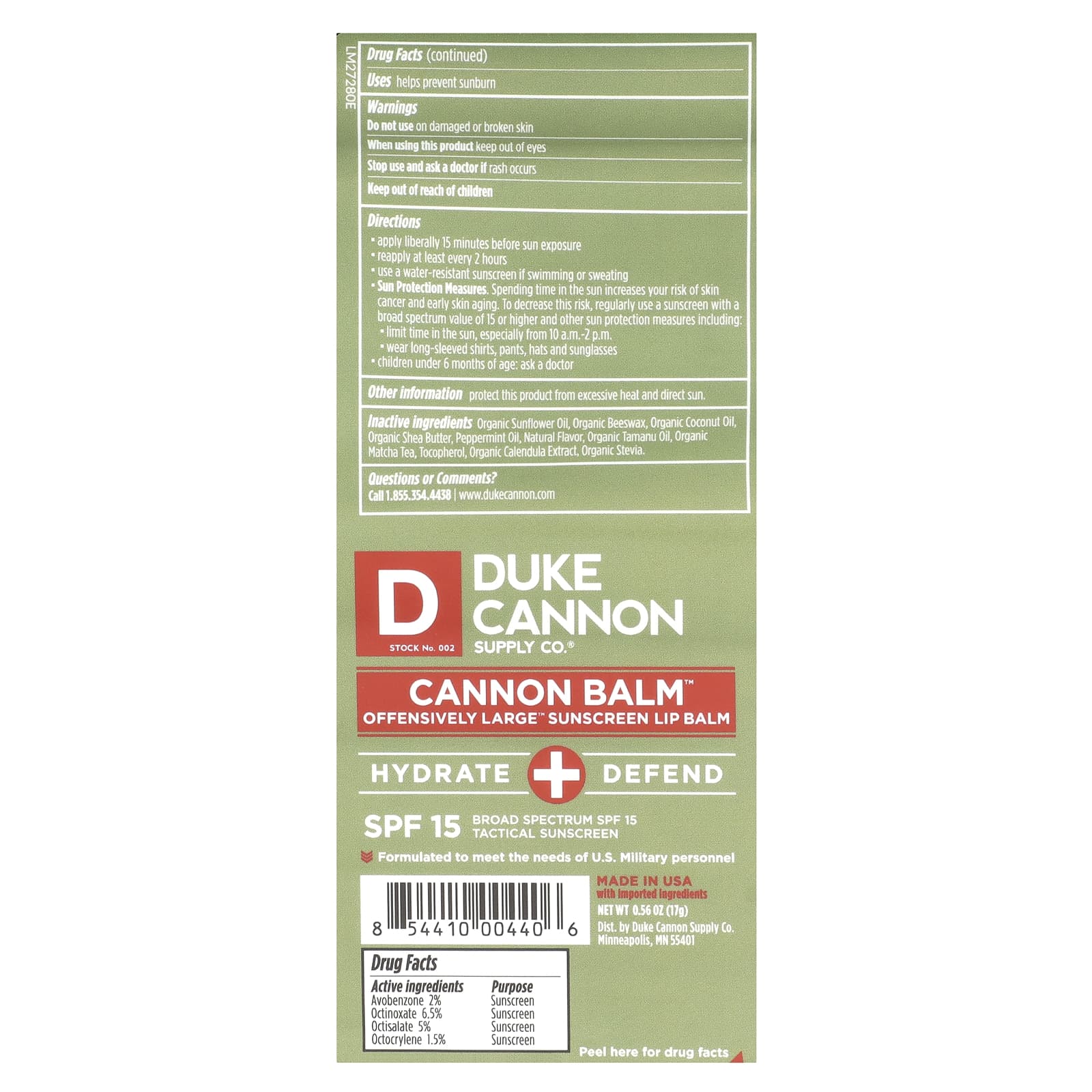 Duke Cannon Supply Co., Cannon Balm ™, солнцезащитный бальзам для губ Offensively Large ™, SPF 15, 17 г (0,56 унции)