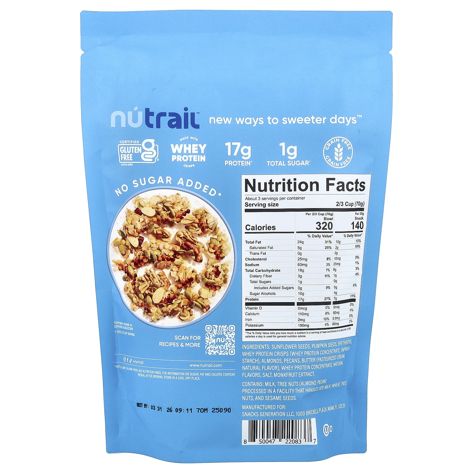 NuTrail, протеиновая гранола с орехами, ваниль и миндаль, 227 г (8 унций)