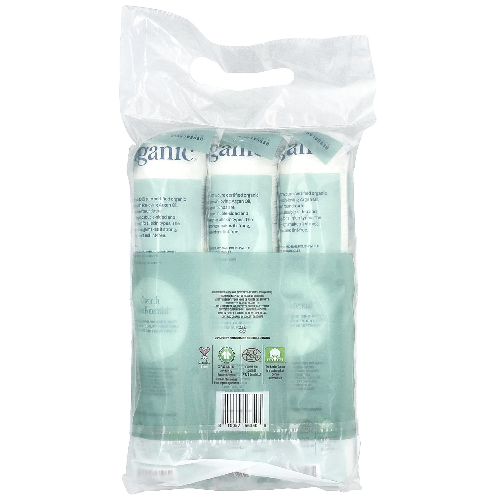 Cliganic, Круглые кружки из органического хлопка с аргановым маслом, 3 упаковки (100 шт.)