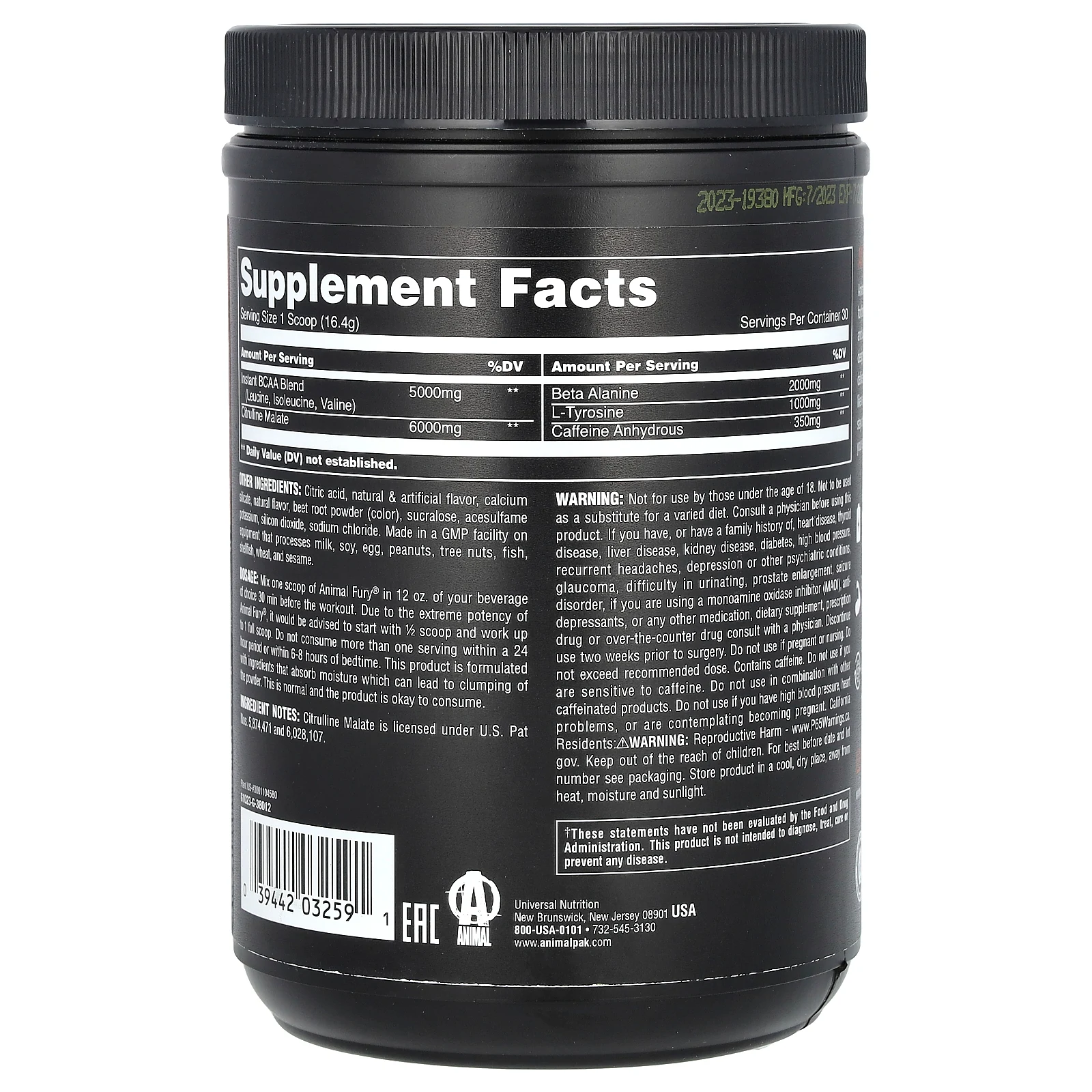 Animal, Fury Essentials, для приема перед тренировкой, со вкусом арбуза, 492 г (1,08 фунта)