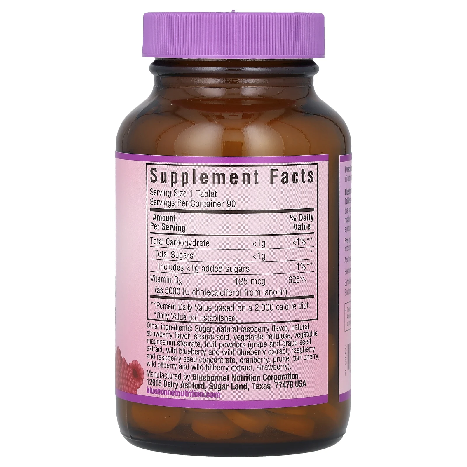 Bluebonnet Nutrition, витамин D3, малина, 5000 МЕ (125 мкг), 90 жевательных таблеток
