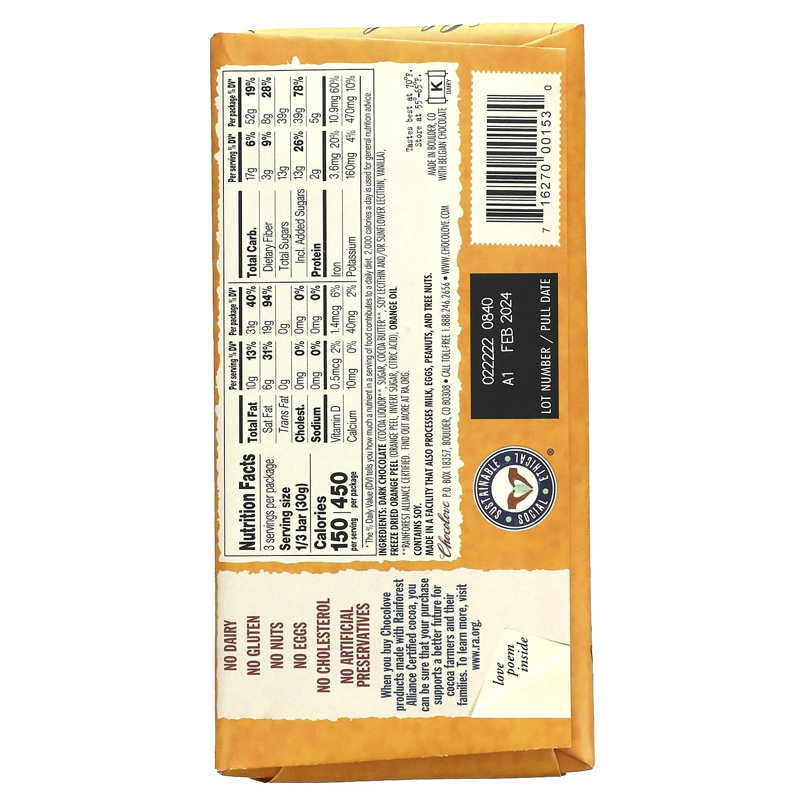 Chocolove, кожура апельсина в темном шоколаде, 55% какао, 90 г (3,2 жидк. унции)