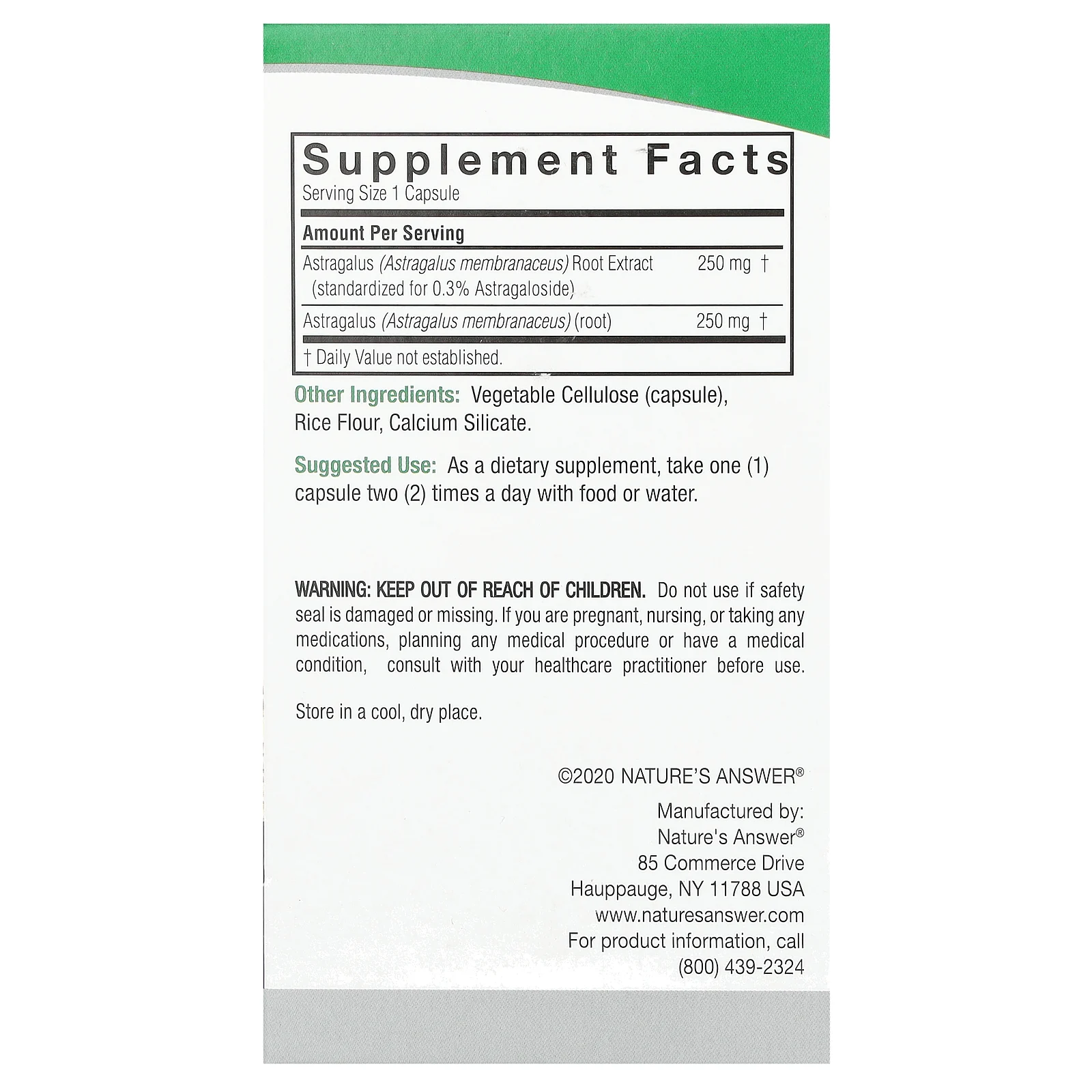 Nature's Answer, астрагал, 500 мг, 60 вегетарианских капсул