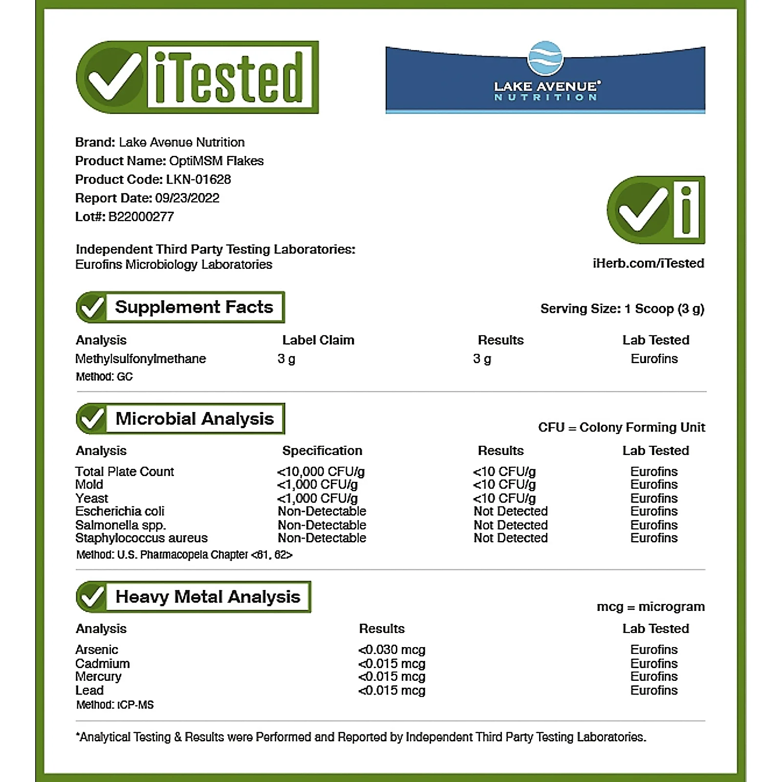 Lake Avenue Nutrition, OptiMSM, растворимый метилсульфонилметан, в виде хлопьев, 200 г (7 унций)