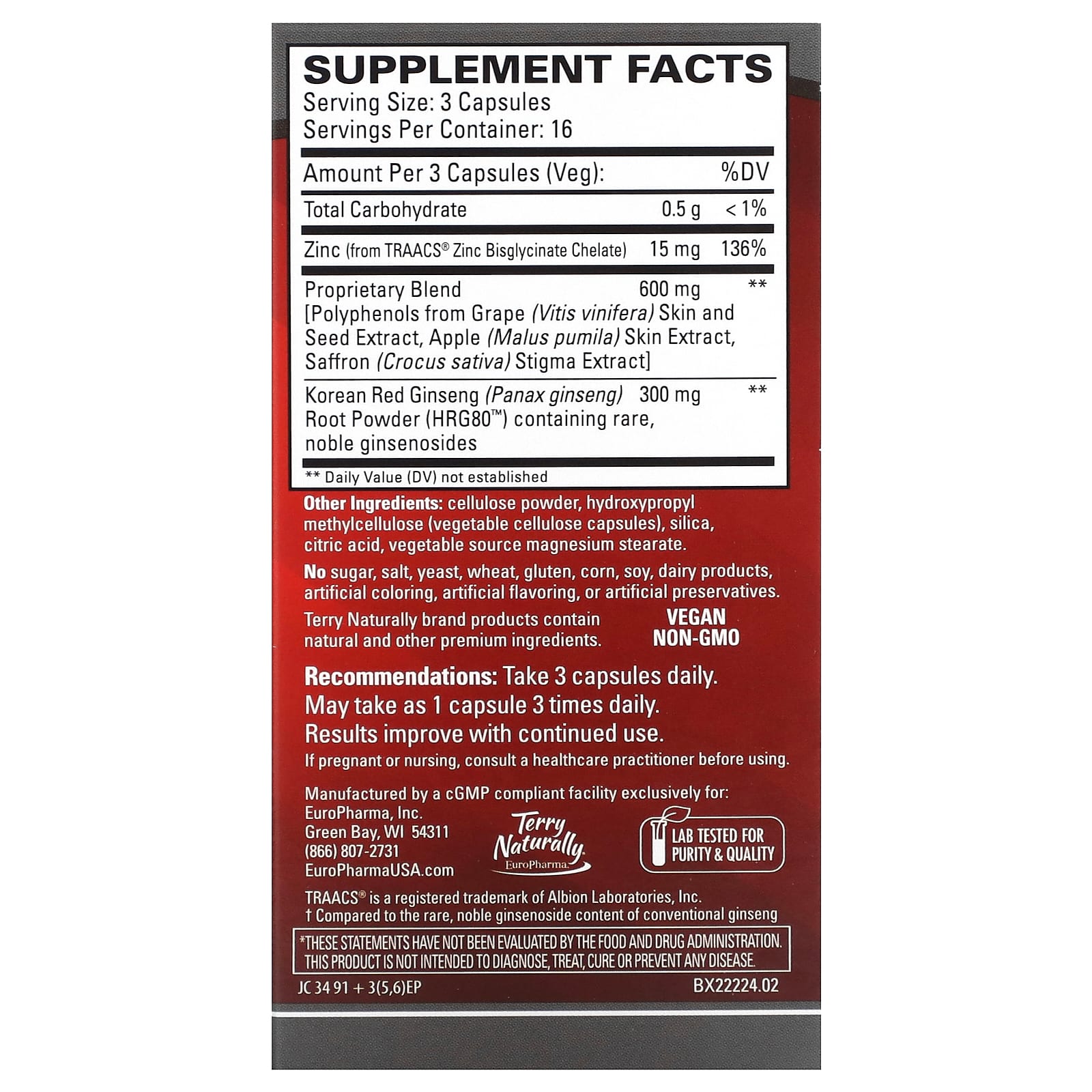 Terry Naturally, HRG80, красный женьшень, 48 капсул