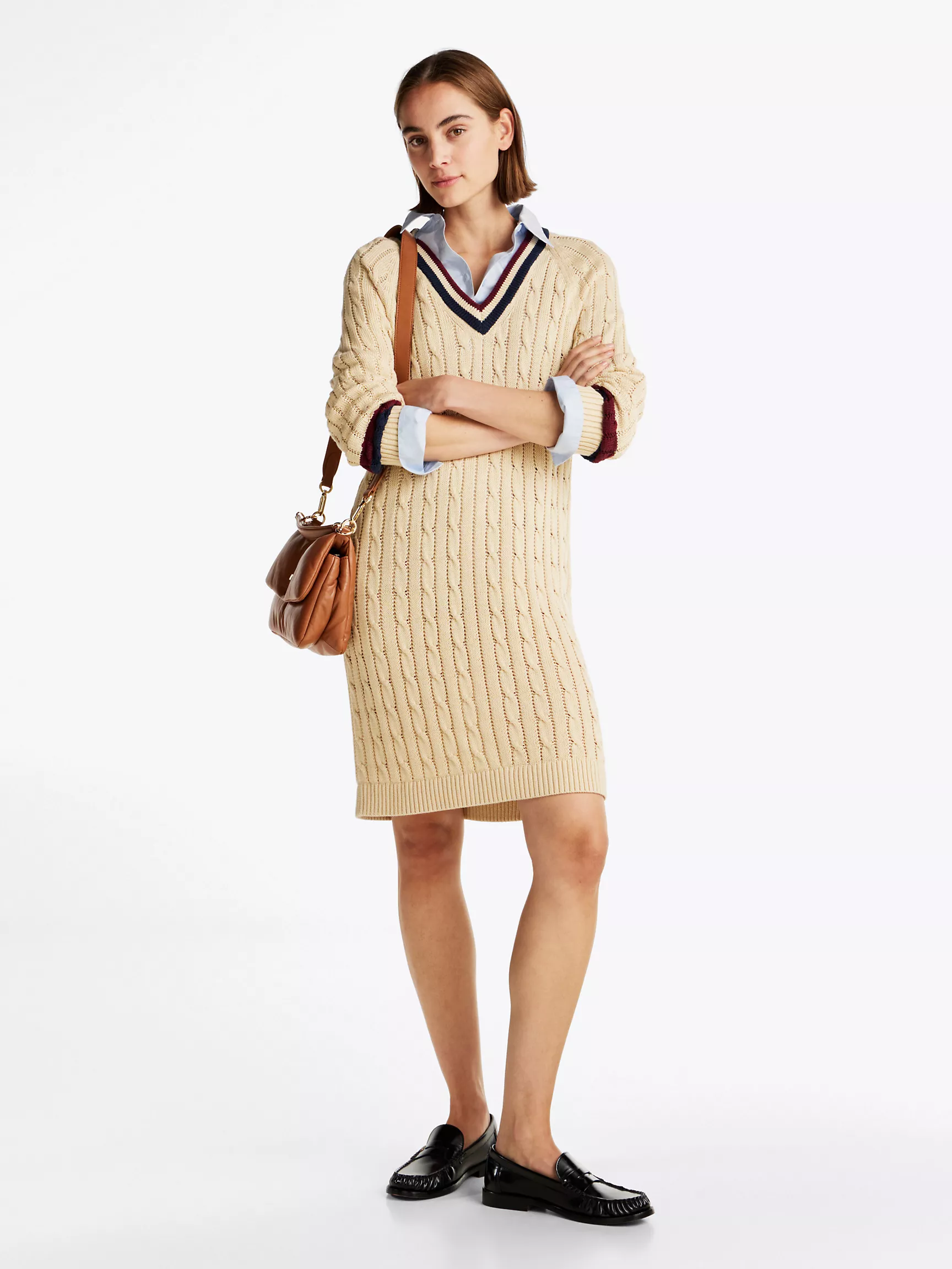 Женское платье Tommy Hilfiger, Вязаное платье-свитер с узором "косы" и университетским стилем