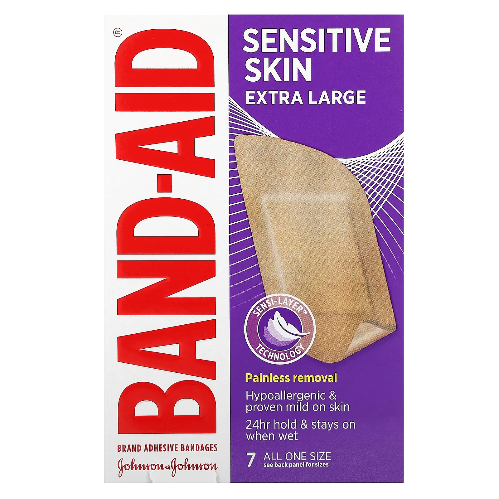 Band Aid, лейкопластыри, для чувствительной кожи, очень большие, 7 шт.