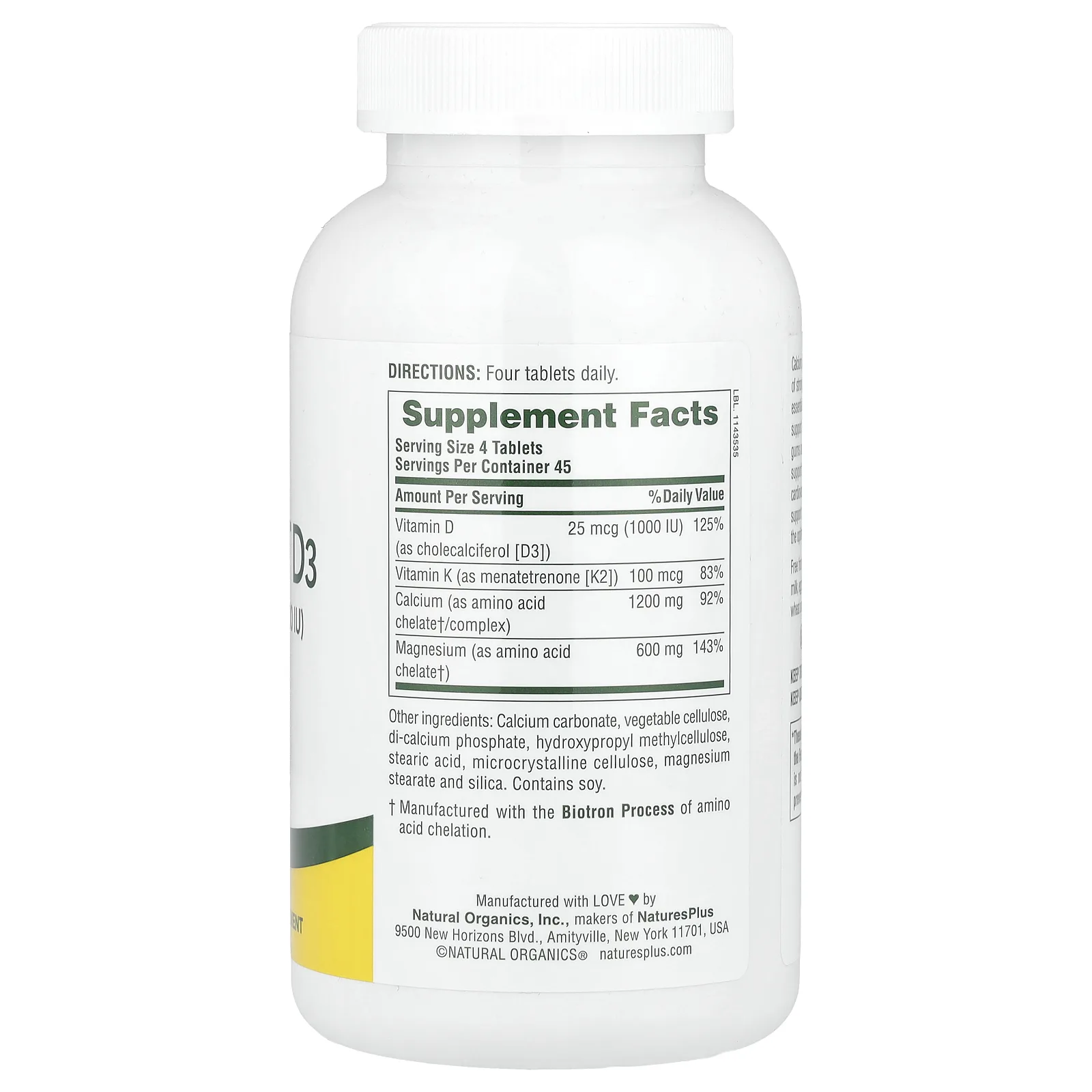 NaturesPlus, комплекс с кальцием, магнием, витаминами D3 и К2, 180 таблеток
