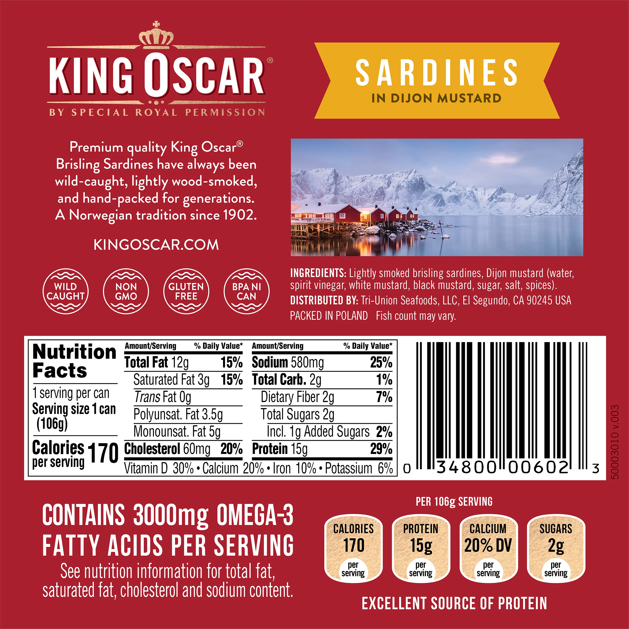 King Oscar, Wild Caught, Сардины в дижонской горчице, 3,75 унции (106 г)