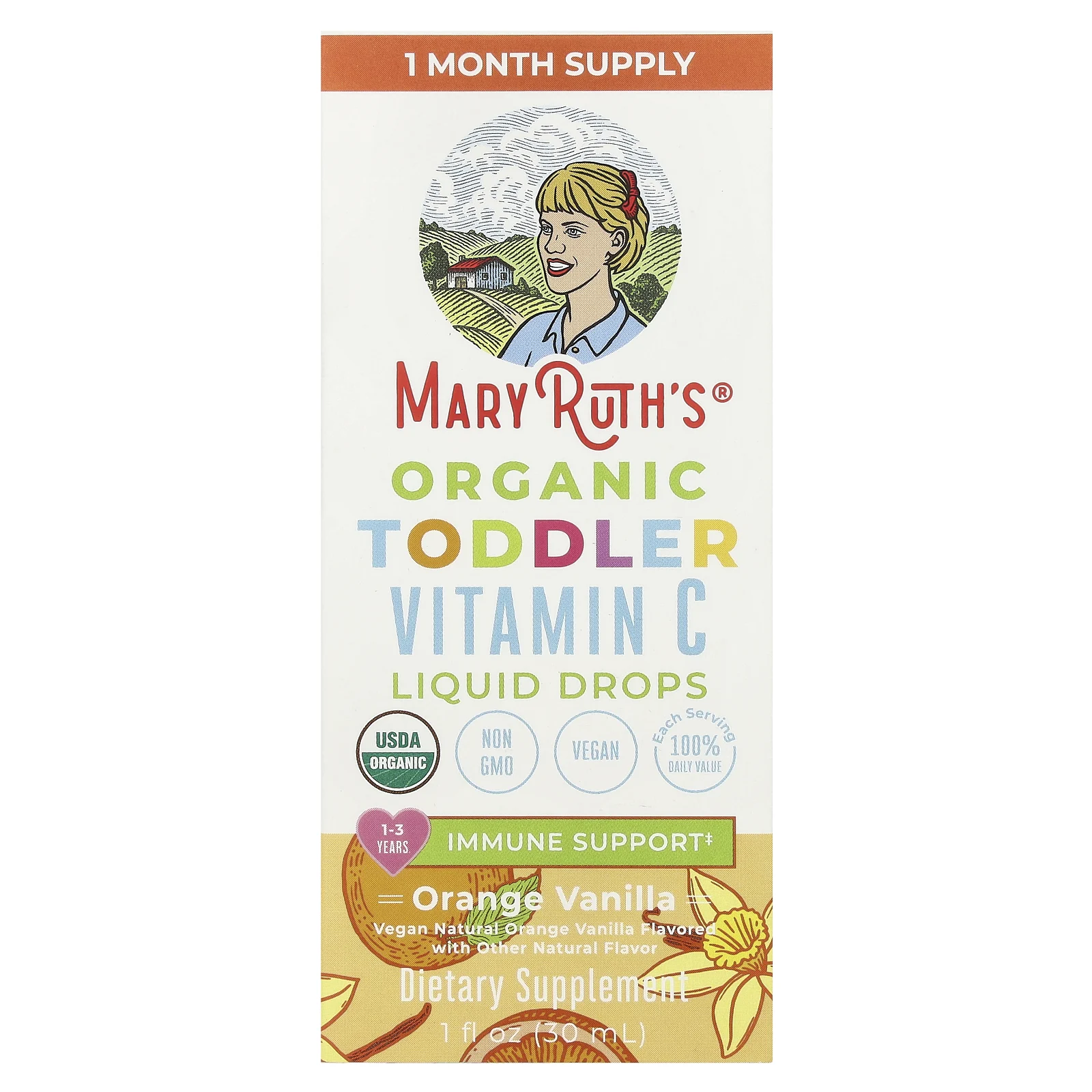 MaryRuth's, Жидкие капли с витамином С для малышей, для детей от 1 до 3 лет, апельсин и ваниль, 30 мл (1 жидк. Унция)