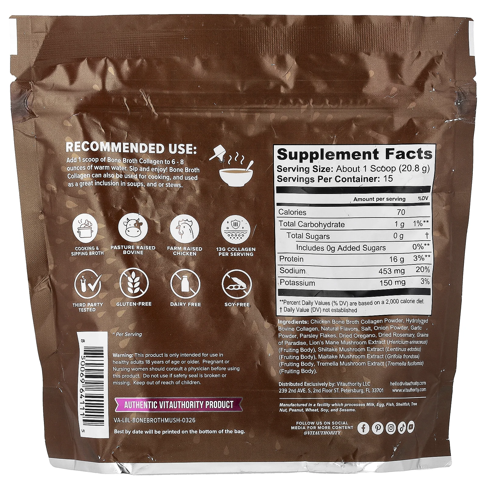 Vitauthority, Bone Broth Collagen, коллаген для приготовления блюд и питья, грибы и травы, 312 г (10,9 унции)