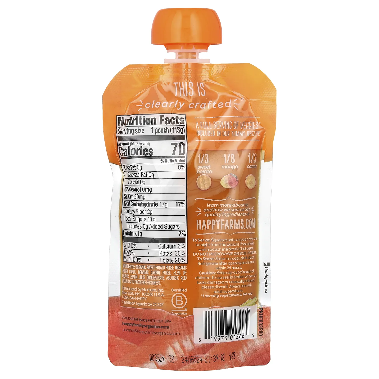 Happy Family Organics, Органическое детское питание, этап 2, от компании 6 месяцев, батат, манго и морковь, 113 г (4 унции)