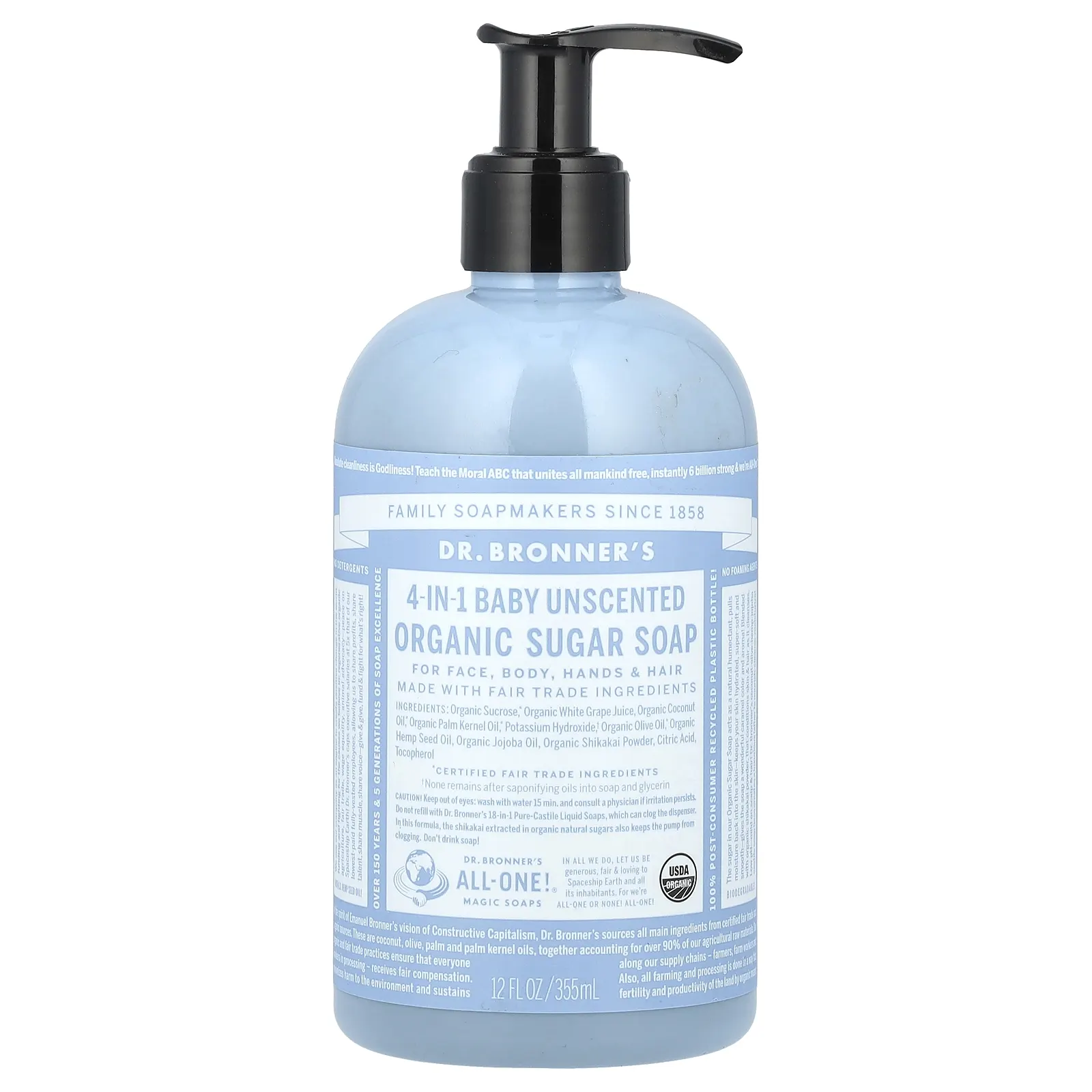Dr. Bronner's, Органическое сахарное мыло 4 в 1, для рук, лица, тела и волос, детское без запаха, 355 мл (12 жидк. Унций)