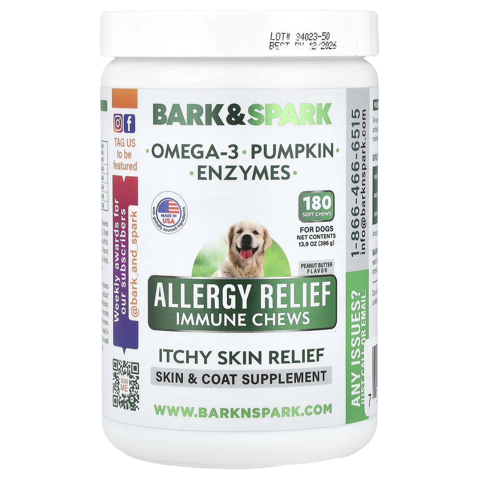 Bark&Spark, Allergy Relief, Immune, жевательные таблетки, для снятия зуда, для собак, арахисовое масло, 180 жевательных таблеток, 396 г (13,9 унции)