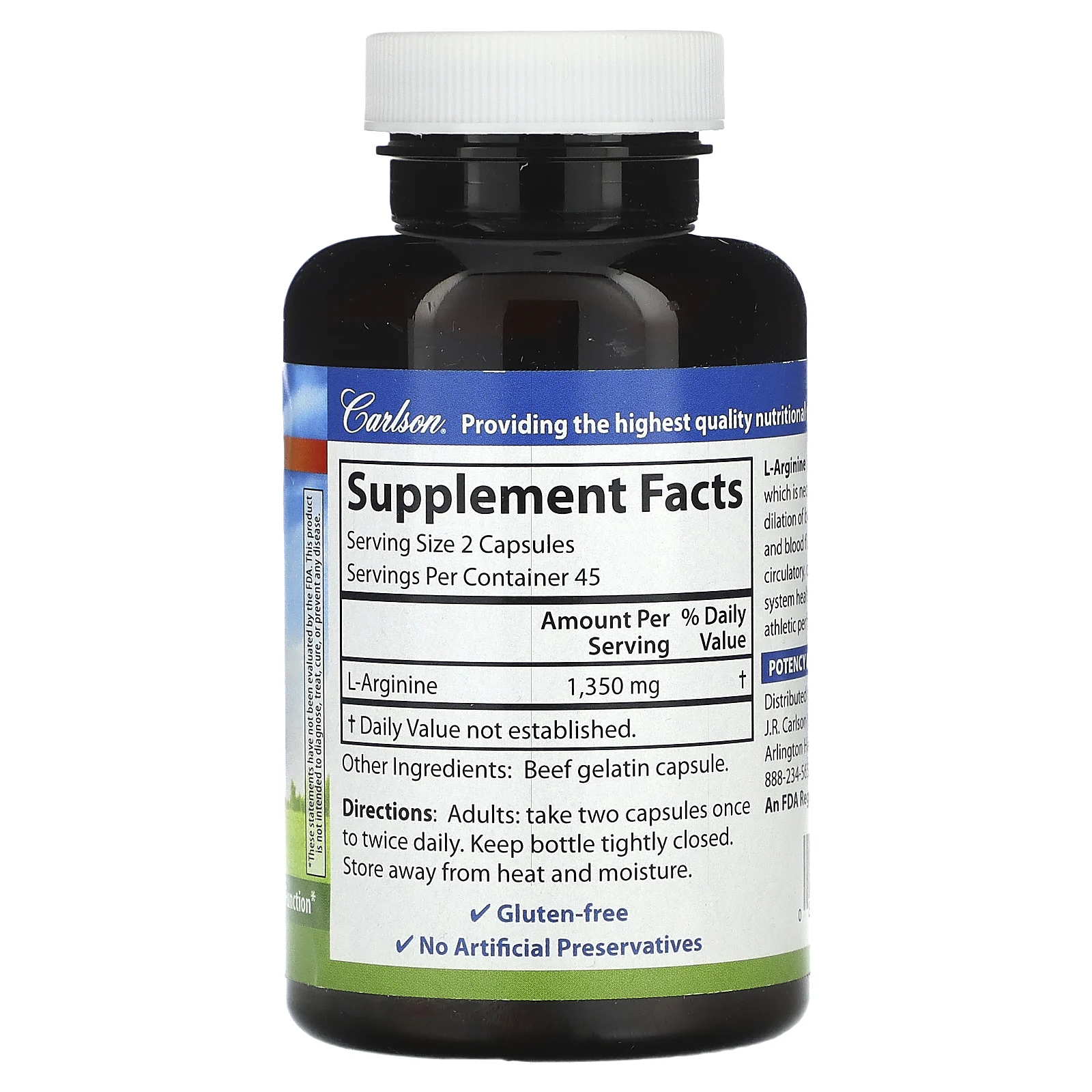 Carlson, L-аргинин, 1350 мг, 90 капсул (675 мг в 1 капсуле)