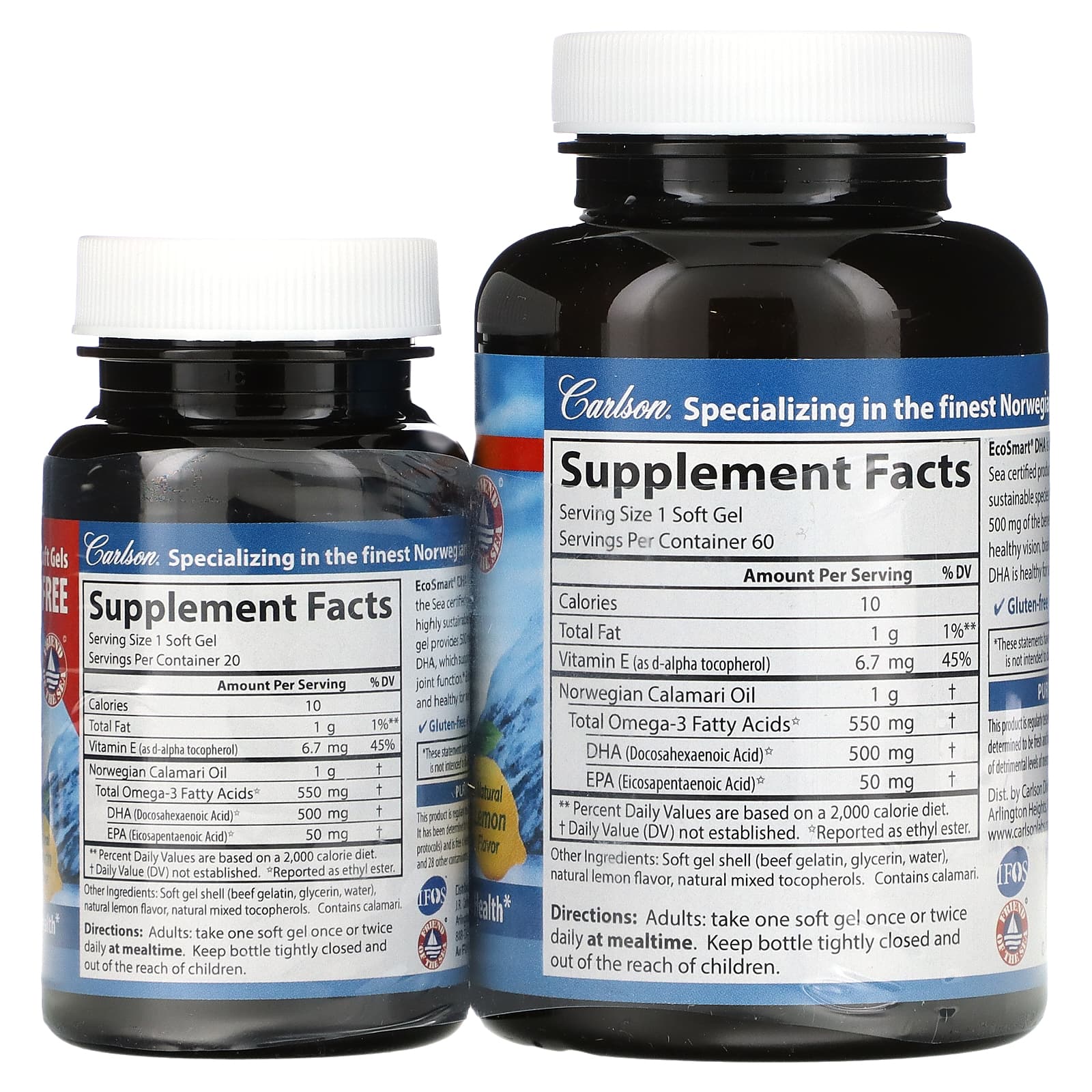 Carlson, EcoSmart DHA, добавка с ДГК, натуральный лимон, 500 мг, 60 + 20 капсул