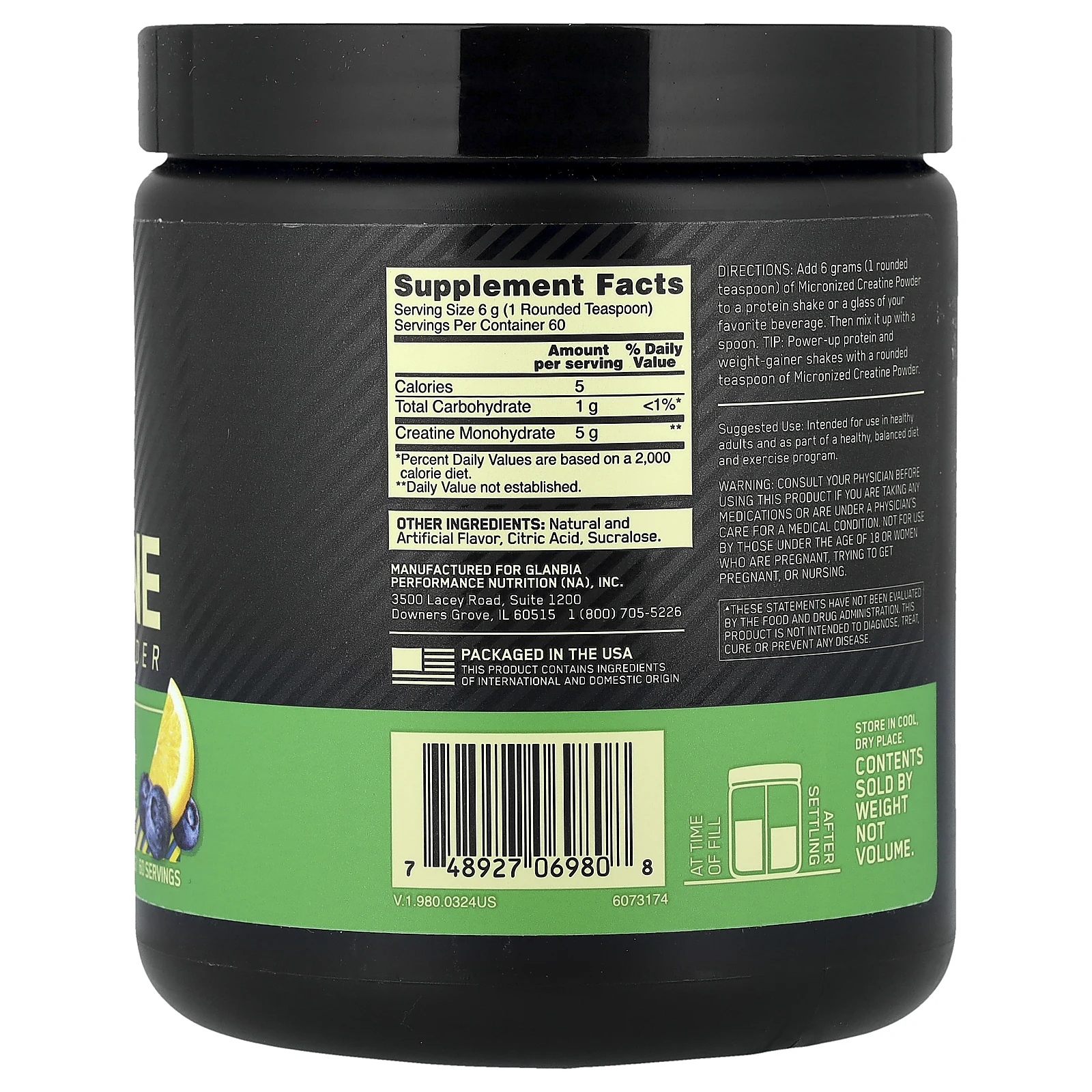 Optimum Nutrition, Микронизированный креатин в порошке, черничный лимонад, 360 г (12,69 унции)