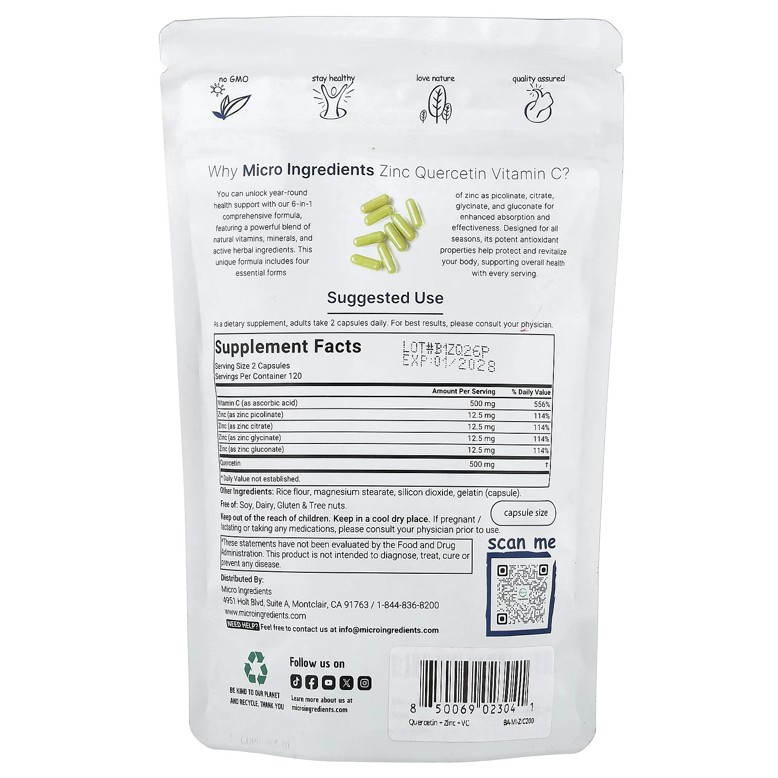 Micro Ingredients, кверцетин с цинком и витамином C, 240 капсул