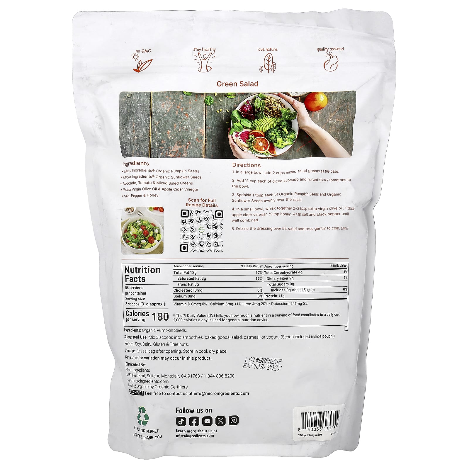 Micro Ingredients, органические семена тыквы, несоленые, 1814 г (4 фунта)