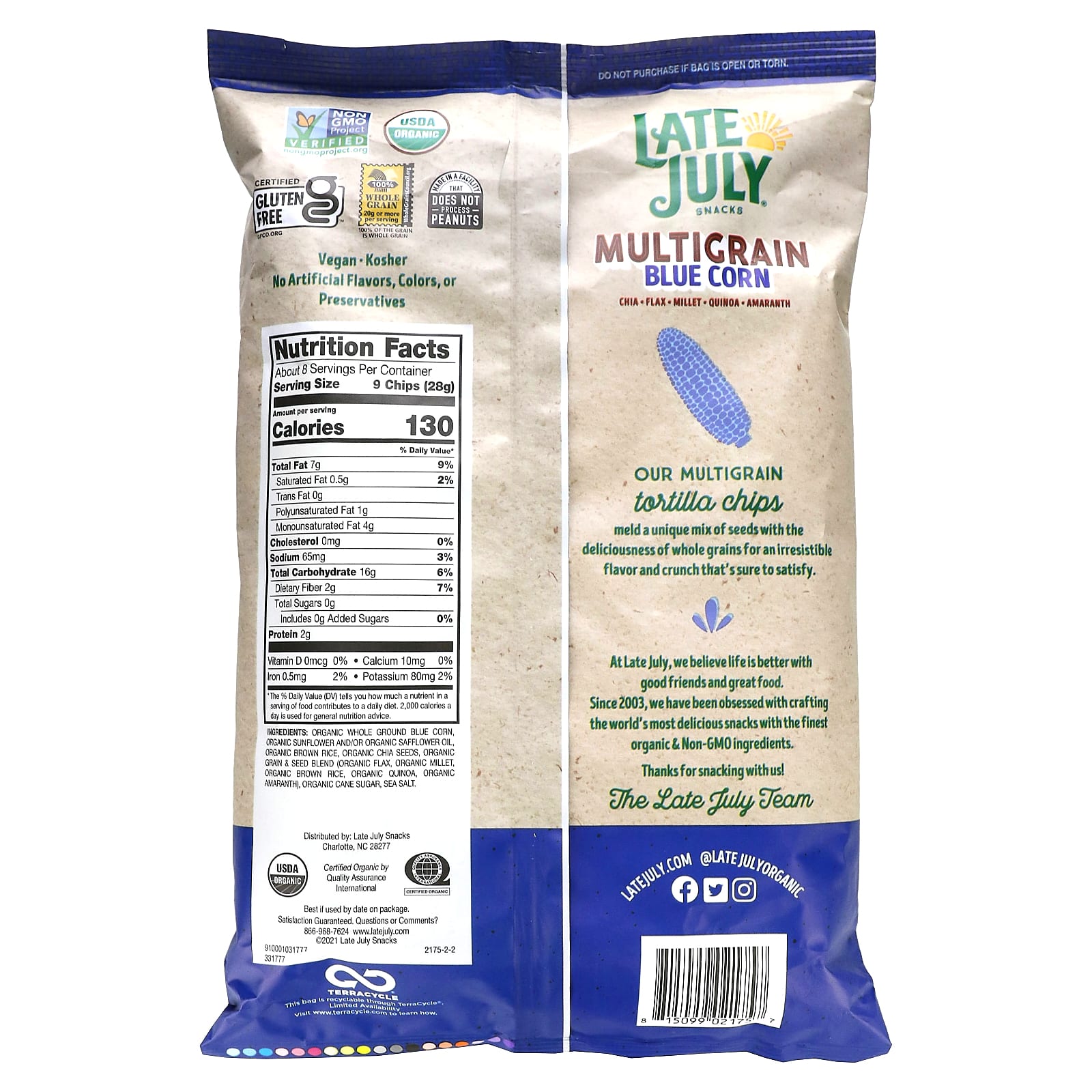 Late July, Snacks, чипсы из тортильи, со вкусом голубой кукурузы, 212 г (7,5 унции)