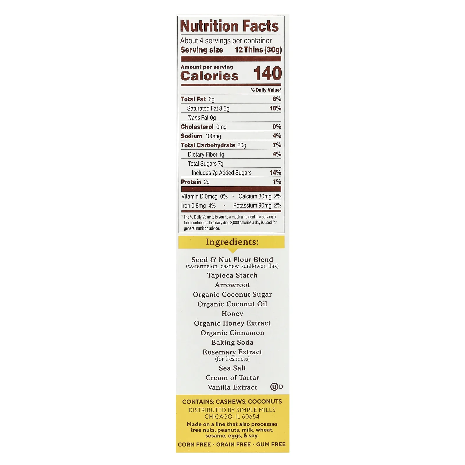 Simple Mills, тонкое медовое печенье с корицей, с мукой из орехов и семян, 120 г (4,25 унции)