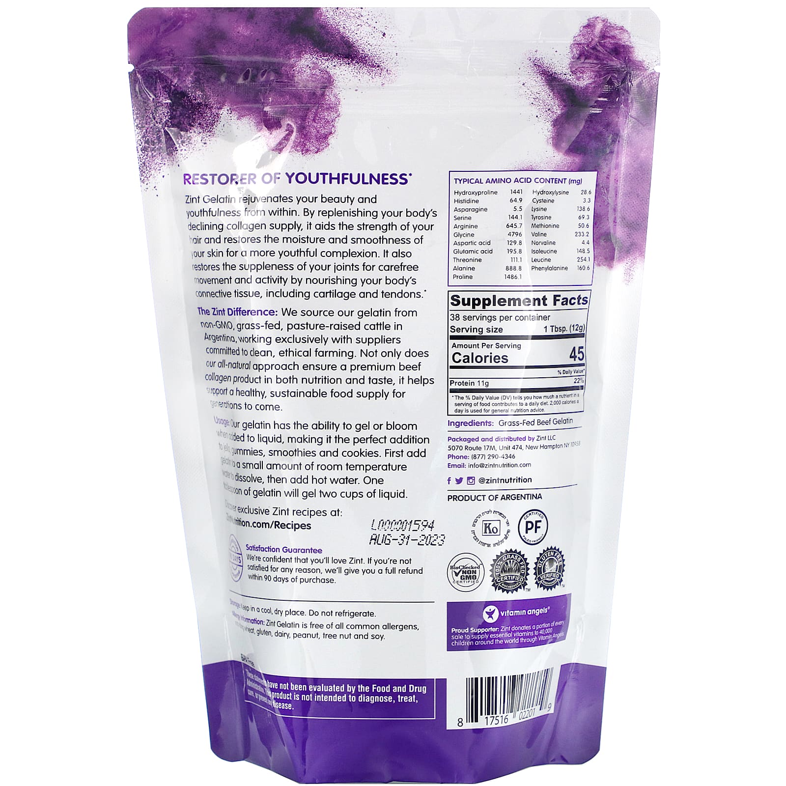 Zint, протеиновый порошок-загуститель, желатин из говядины травяного откорма, 454 г (16 унций)