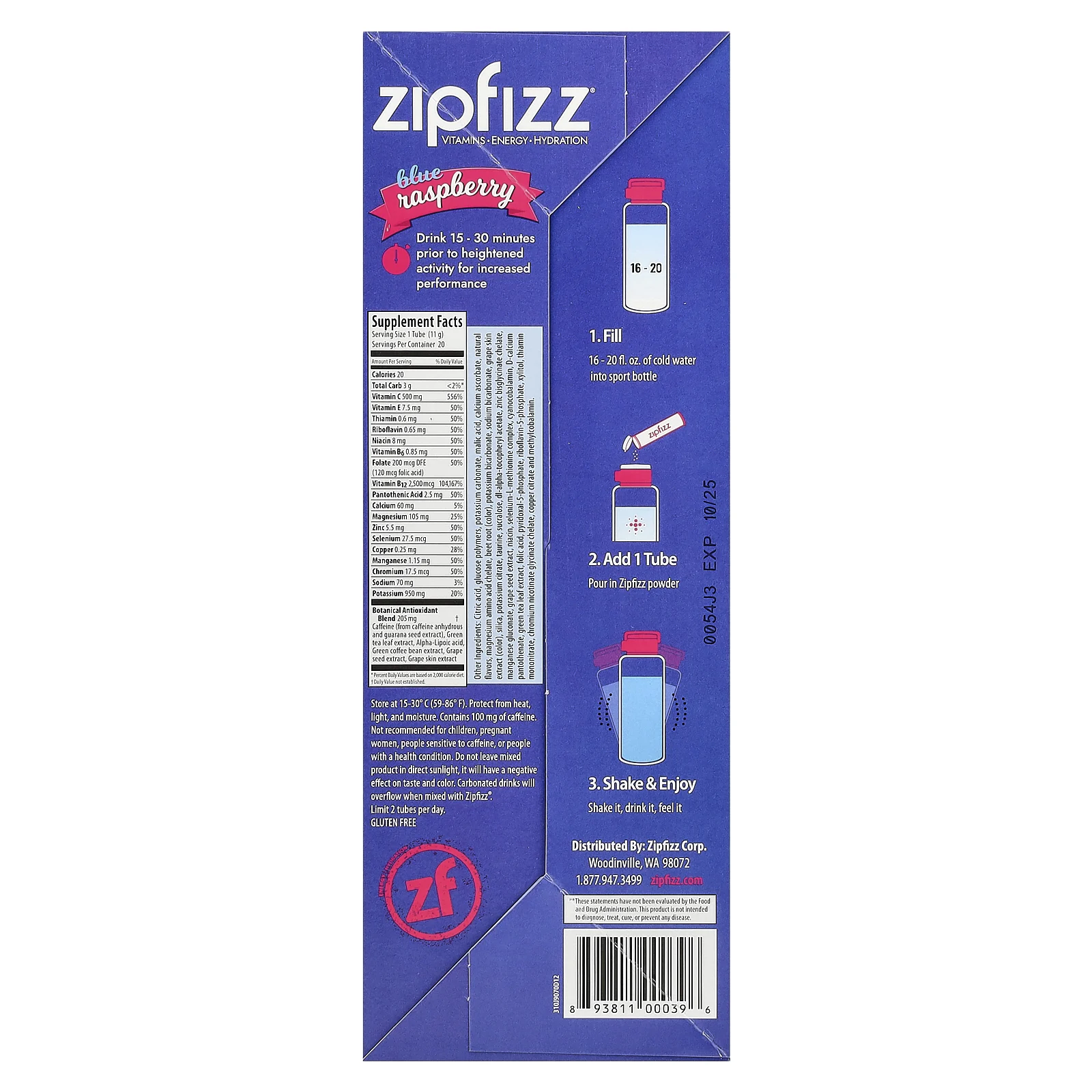 Zipfizz, Энергетическая смесь для здорового спорта с витамином B12, голубика и малина, 20 тюбиков по 11 г (0,39 унции)