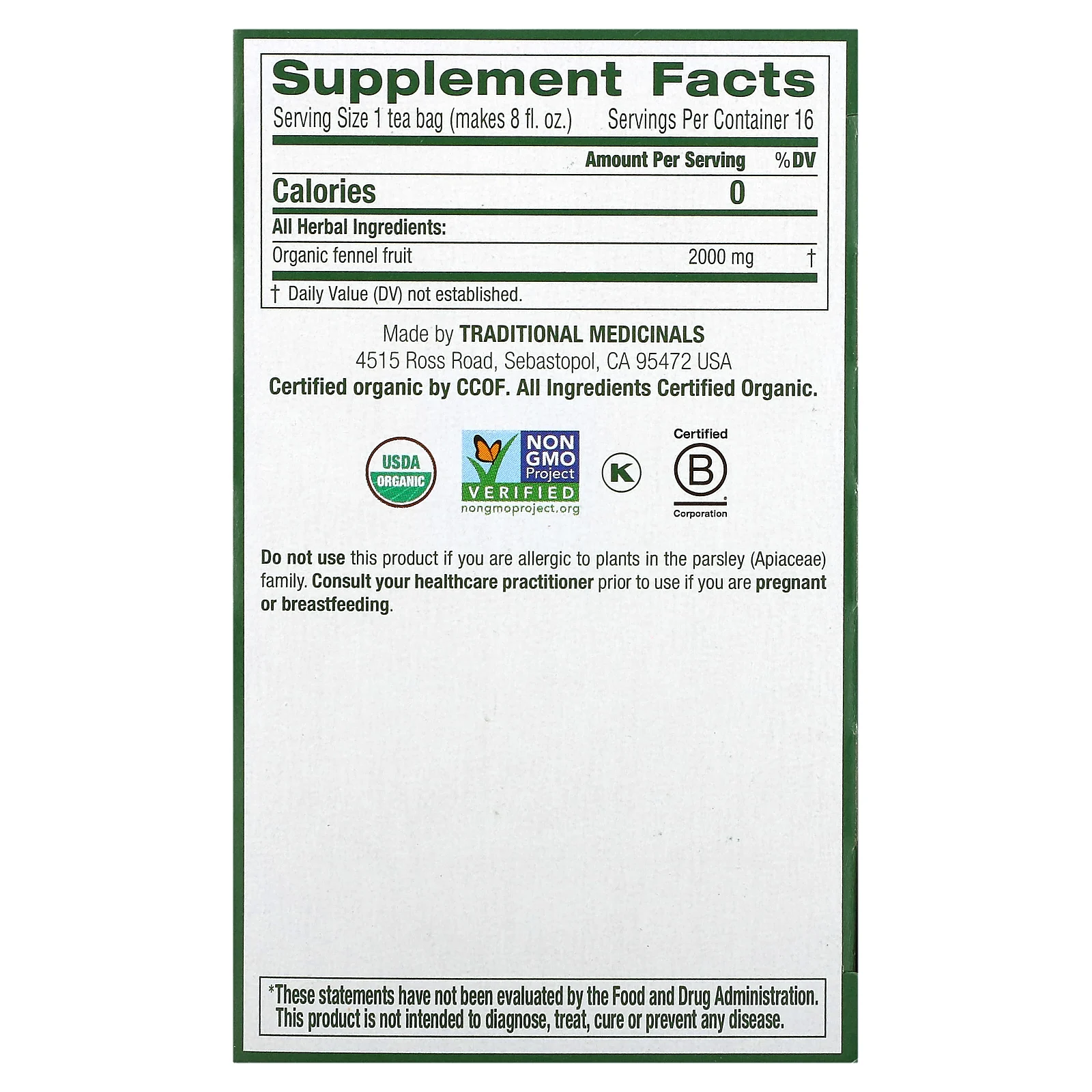 Traditional Medicinals, Органический фенхель, без кофеина, 16 чайных пакетиков в упаковке, 1,13 унции (32 г)
