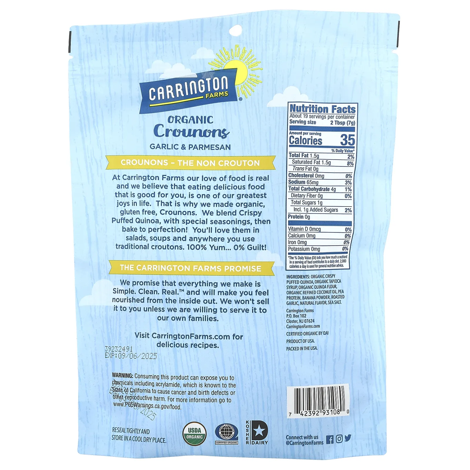 Carrington Farms, Organic Crounons, чеснок и пармезан, 134 г (4,75 унции)