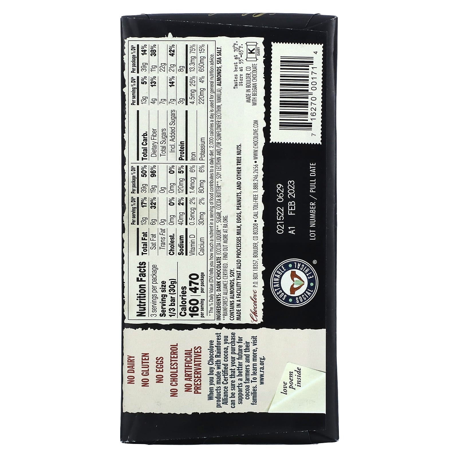 Chocolove, черный шоколад с миндалем и морской солью, 70% какао, 90 г (3,2 унции)