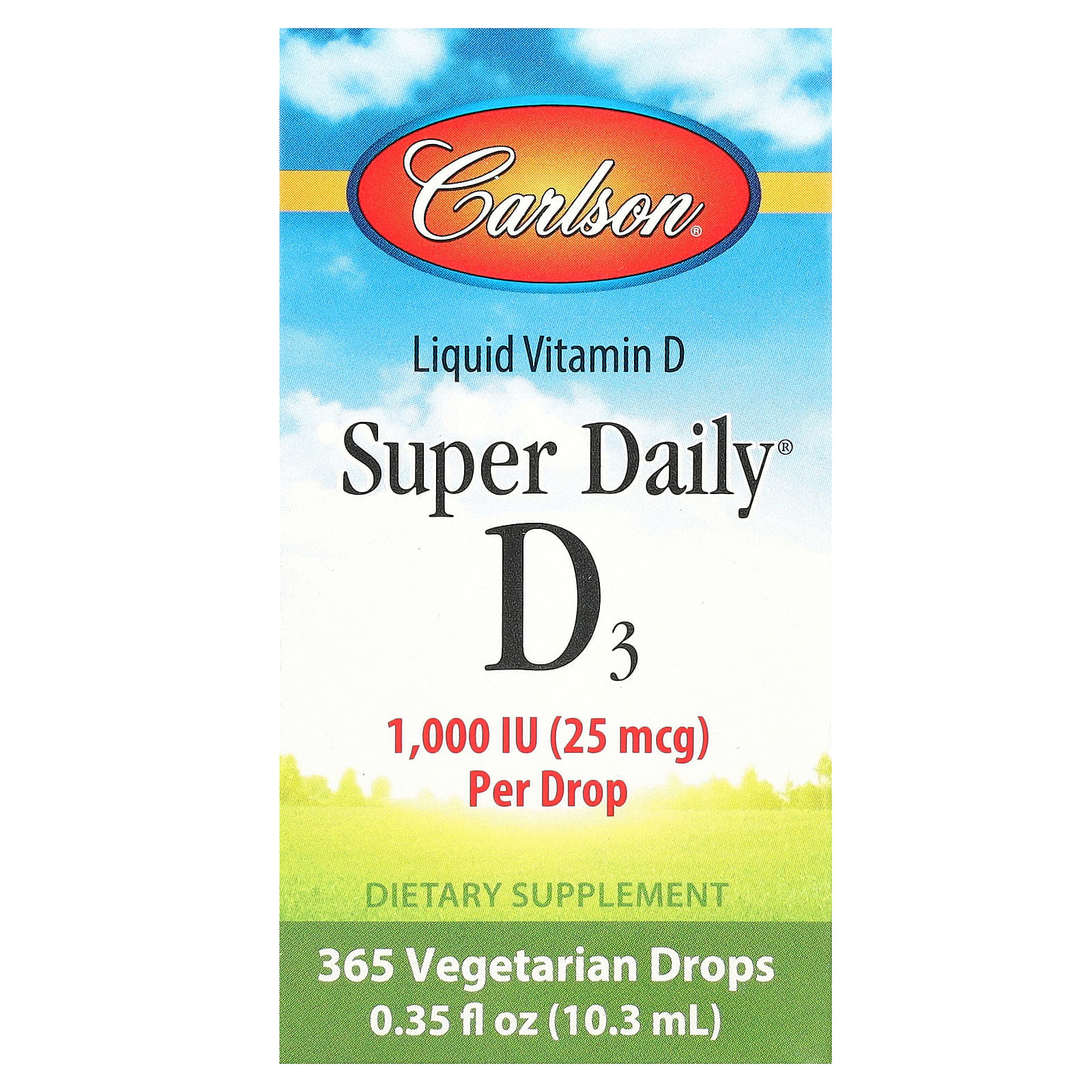 Carlson, Super Daily D3, витамин D3, 25 мкг (1000 МЕ), 10,3 мл (0,35 жидк. унции)