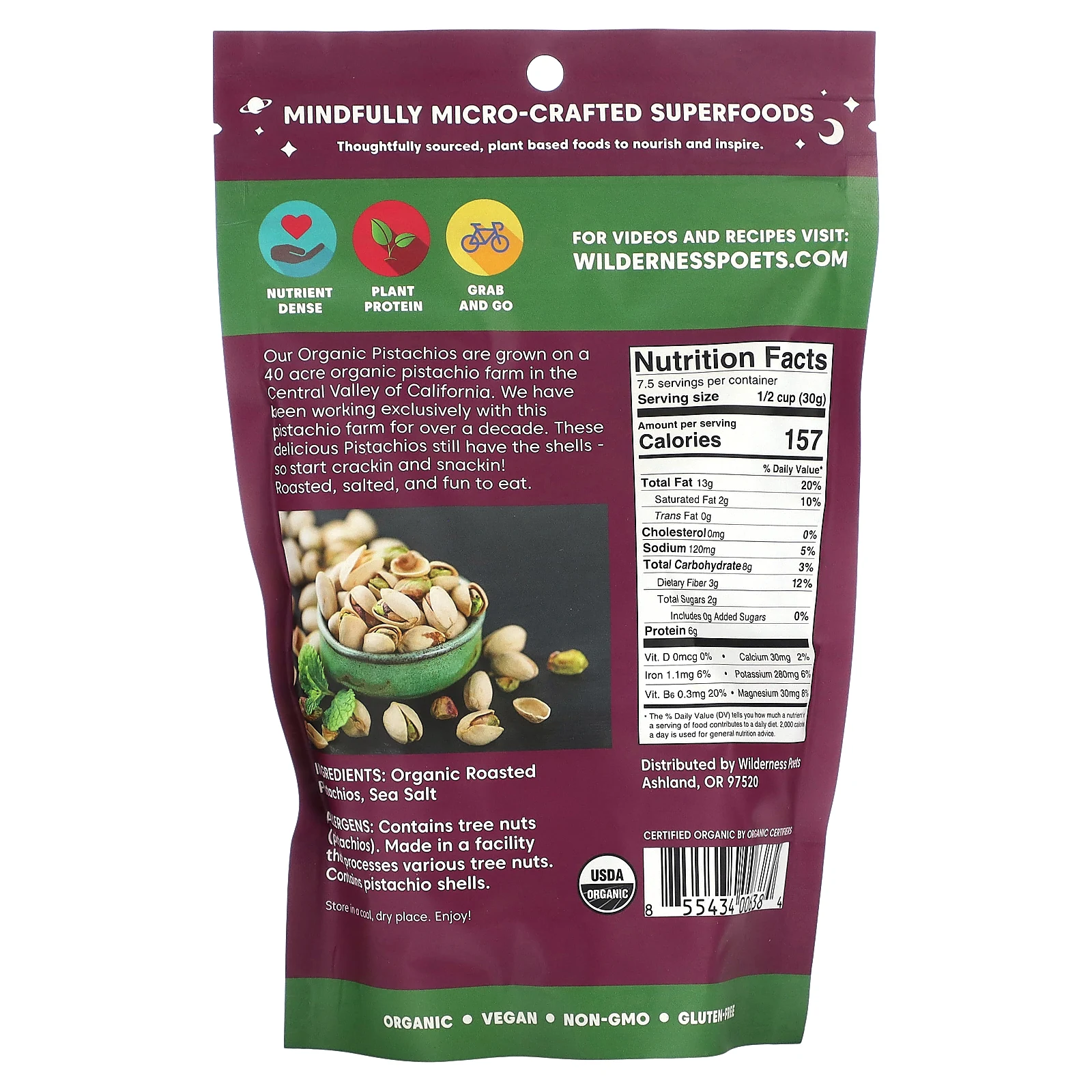 Wilderness Poets, жареные и соленые органические калифорнийские фисташки, 226 г (8 унций)