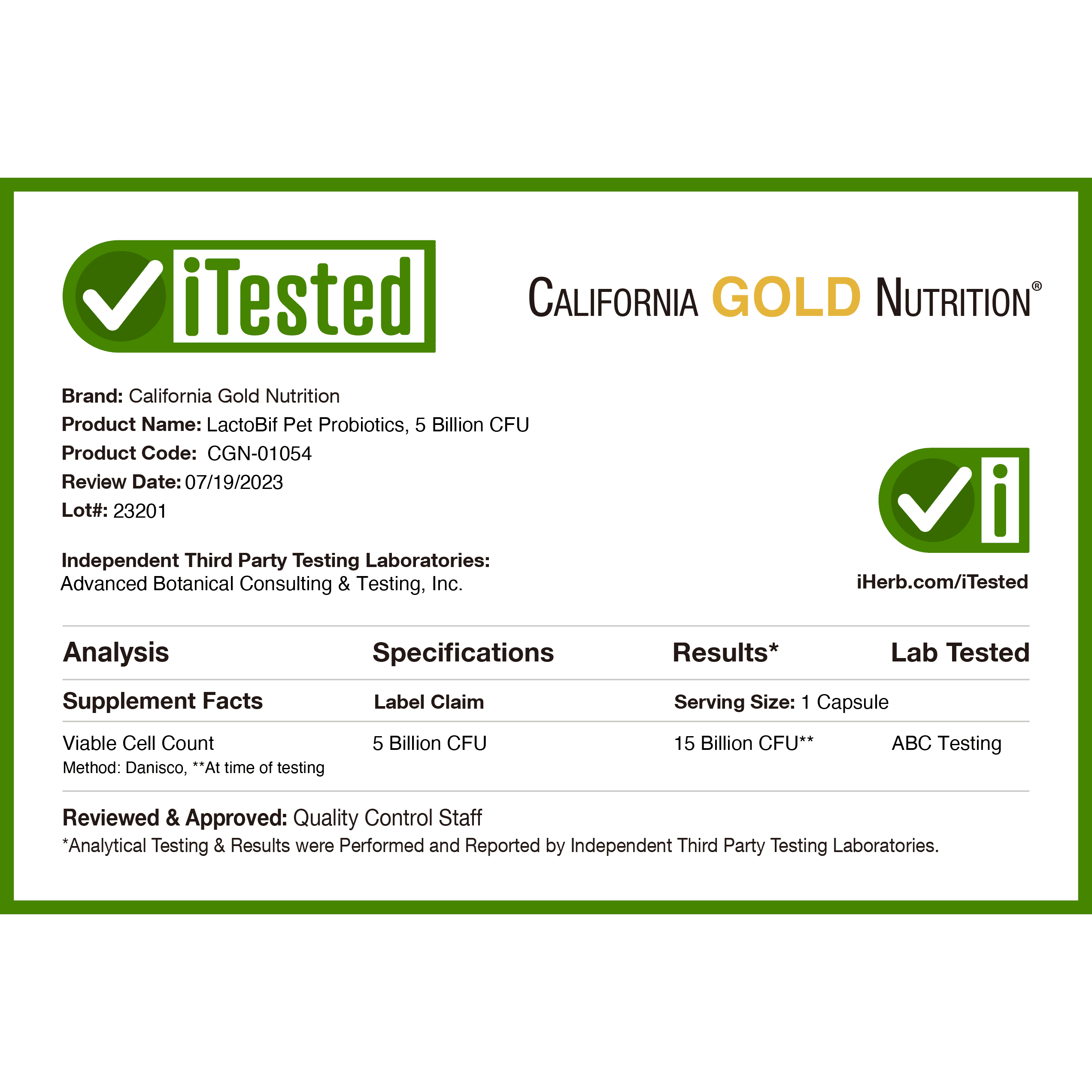 California Gold Nutrition, пробиотики LactoBif Pet, 5 млрд КОЕ, 60 растительных капсул