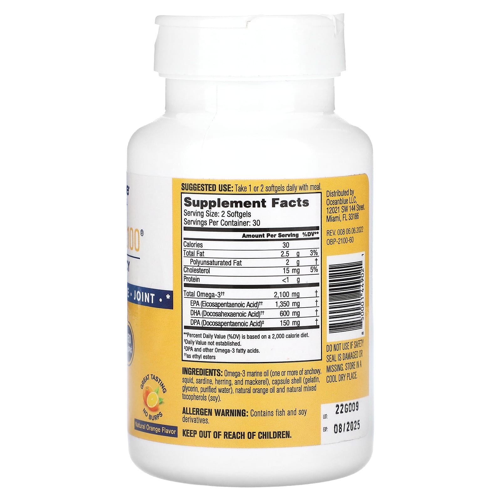 OceanBlue, Professional, омега-3 2100, высокоэффективный, натуральный апельсин, 2100 мг, 60 мягких таблеток (1500 мг на мягкую таблетку)
