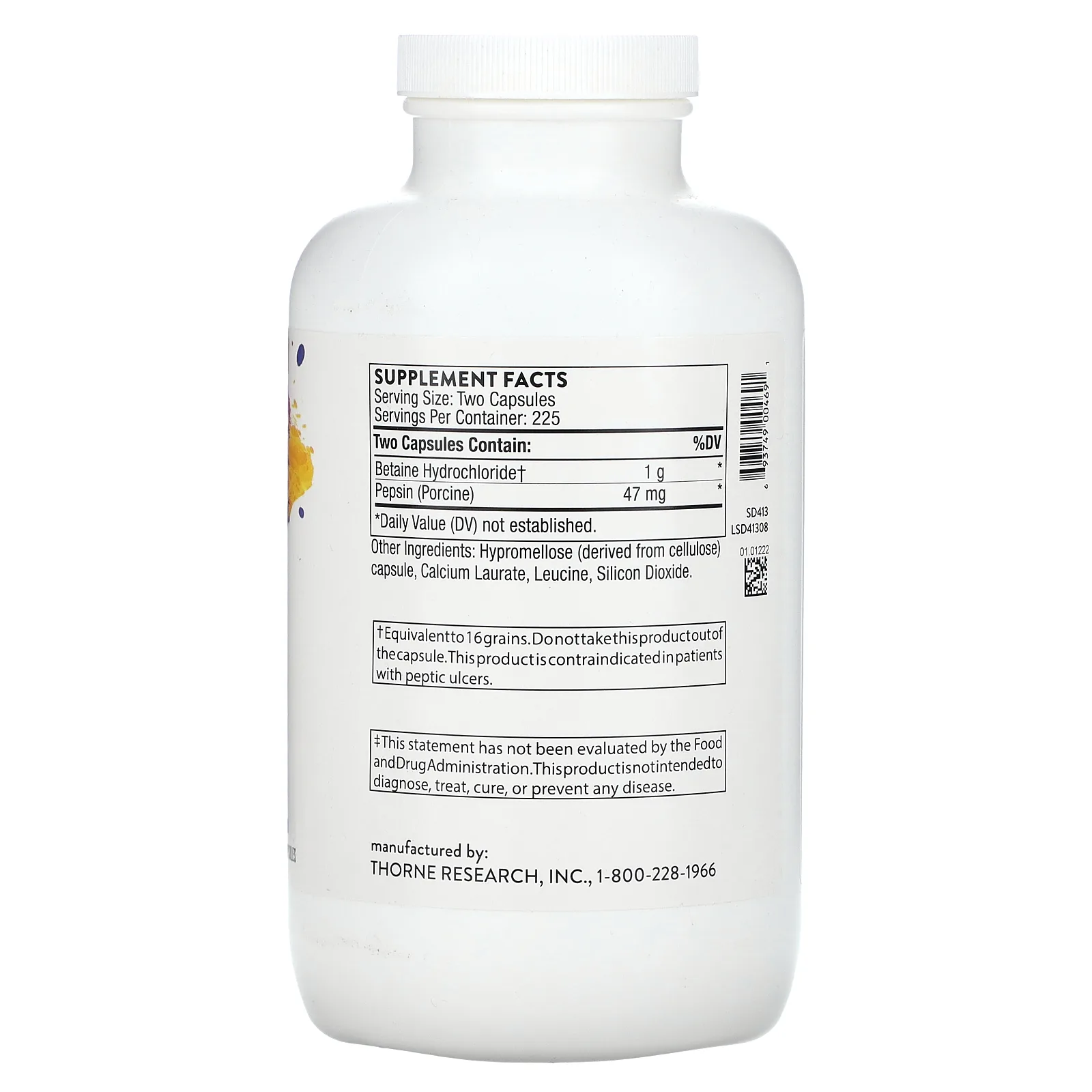 Thorne, Бетаингидрохлорид и пепсин, 450 капсул