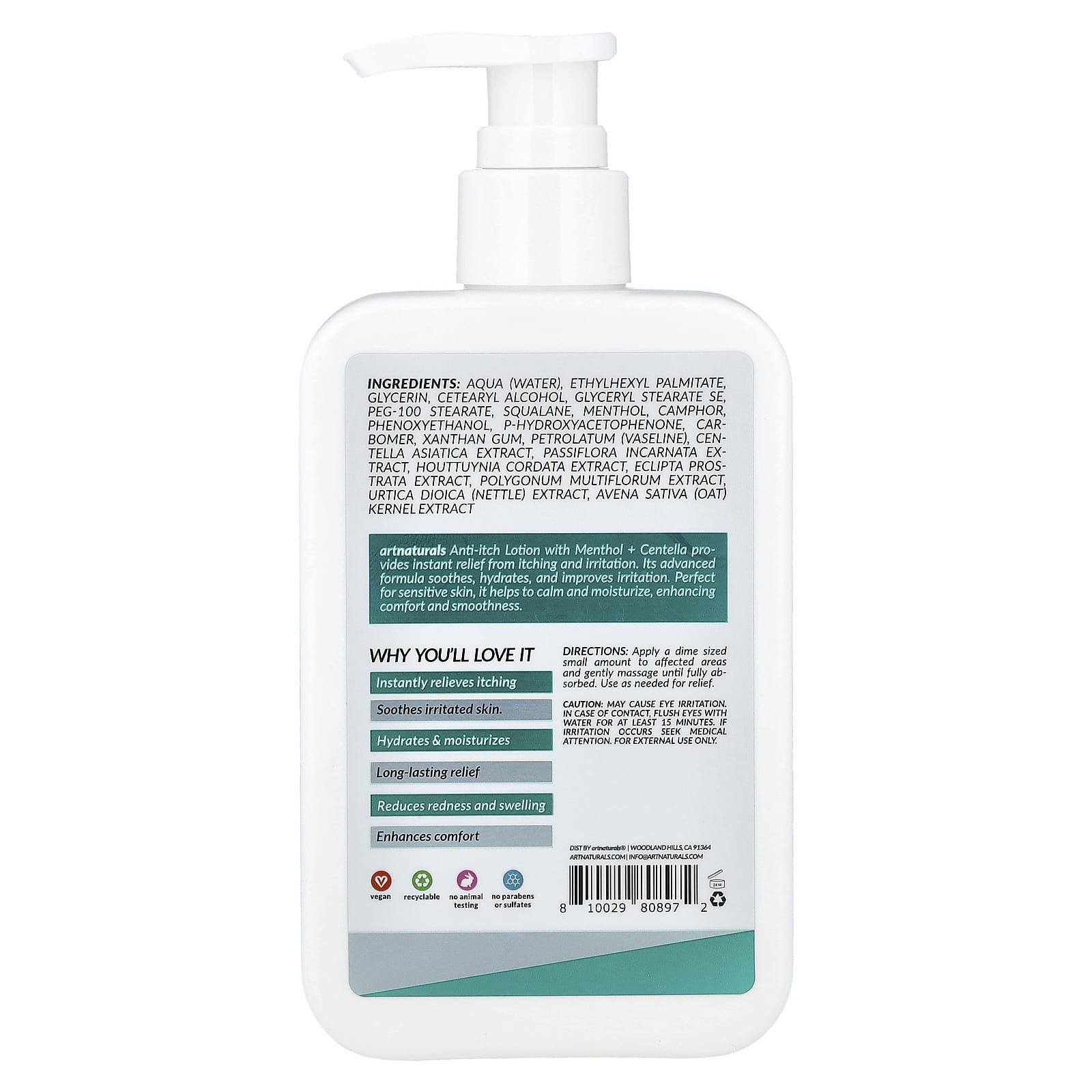 artnaturals, Лосьон против зуда с ментолом и центеллой, для всех типов кожи, 236 мл (8 жидк. Унций)