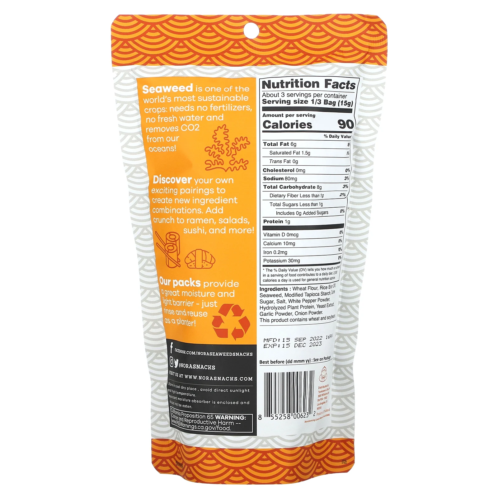 Nora Snacks, Seaweed Snacks, Tempura Original, 45,4 г (1,6 унции)