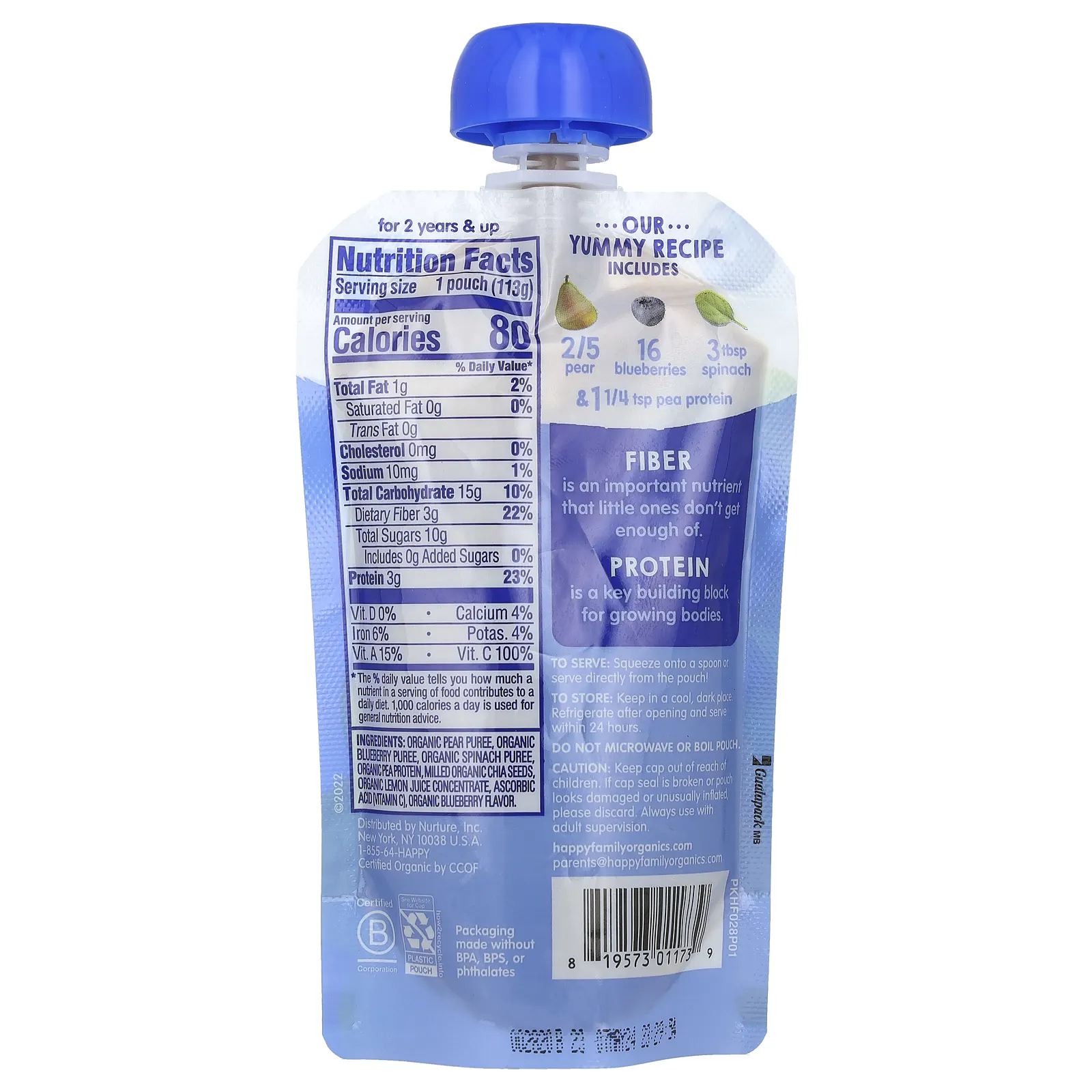 Happy Family Organics, Happytot, клетчатка и протеин, органические груши, голубика и шпинат, 113 г (4 унции)