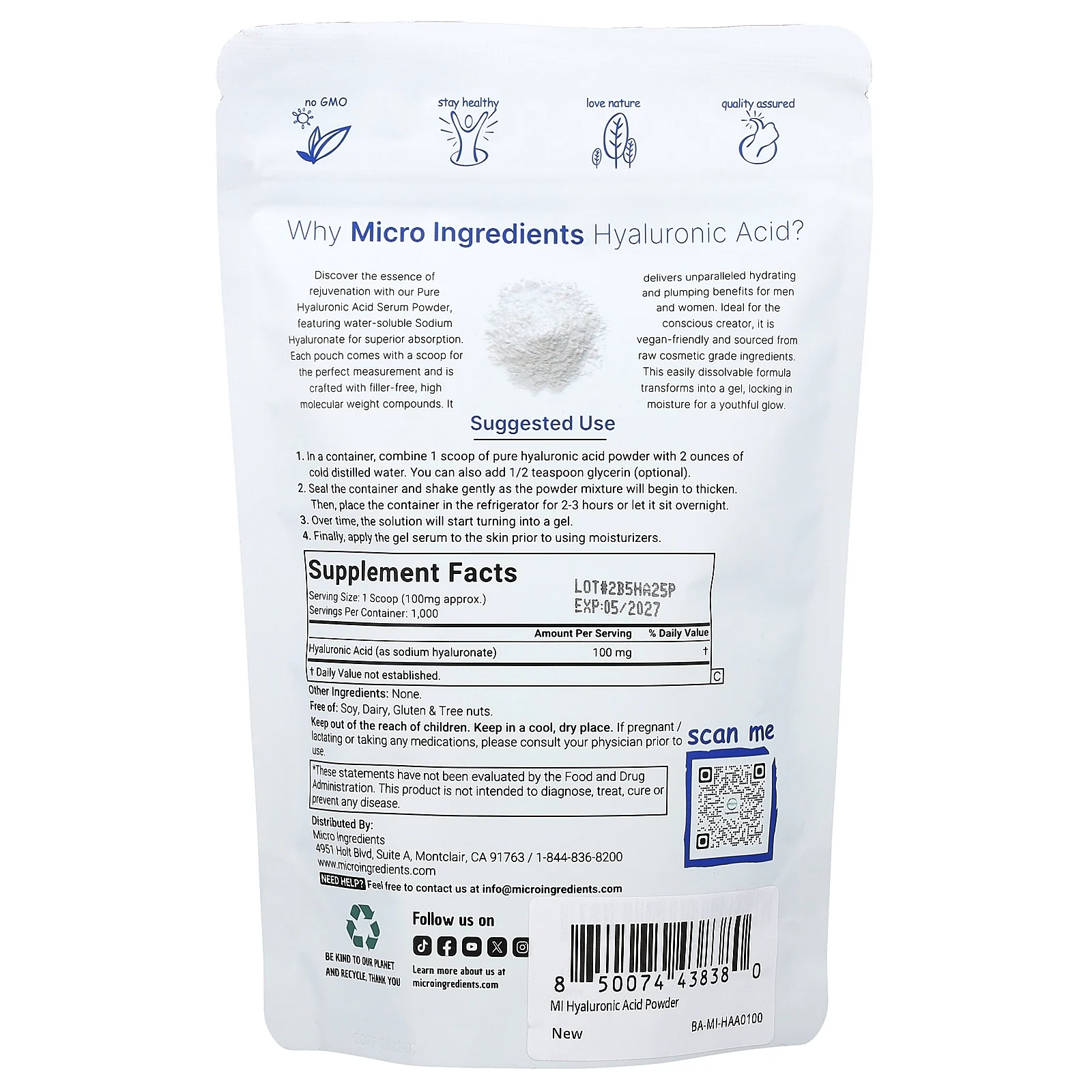 Micro Ingredients, гиалуроновая кислота, в виде порошка, 100 г (3,52 унции)