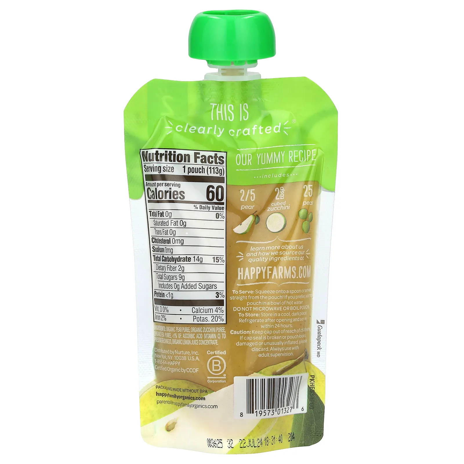 Happy Family Organics, Органическое детское питание, этап 2, для детей от 6 месяцев, груши, цуккини и горох, 113 г (4 унции)