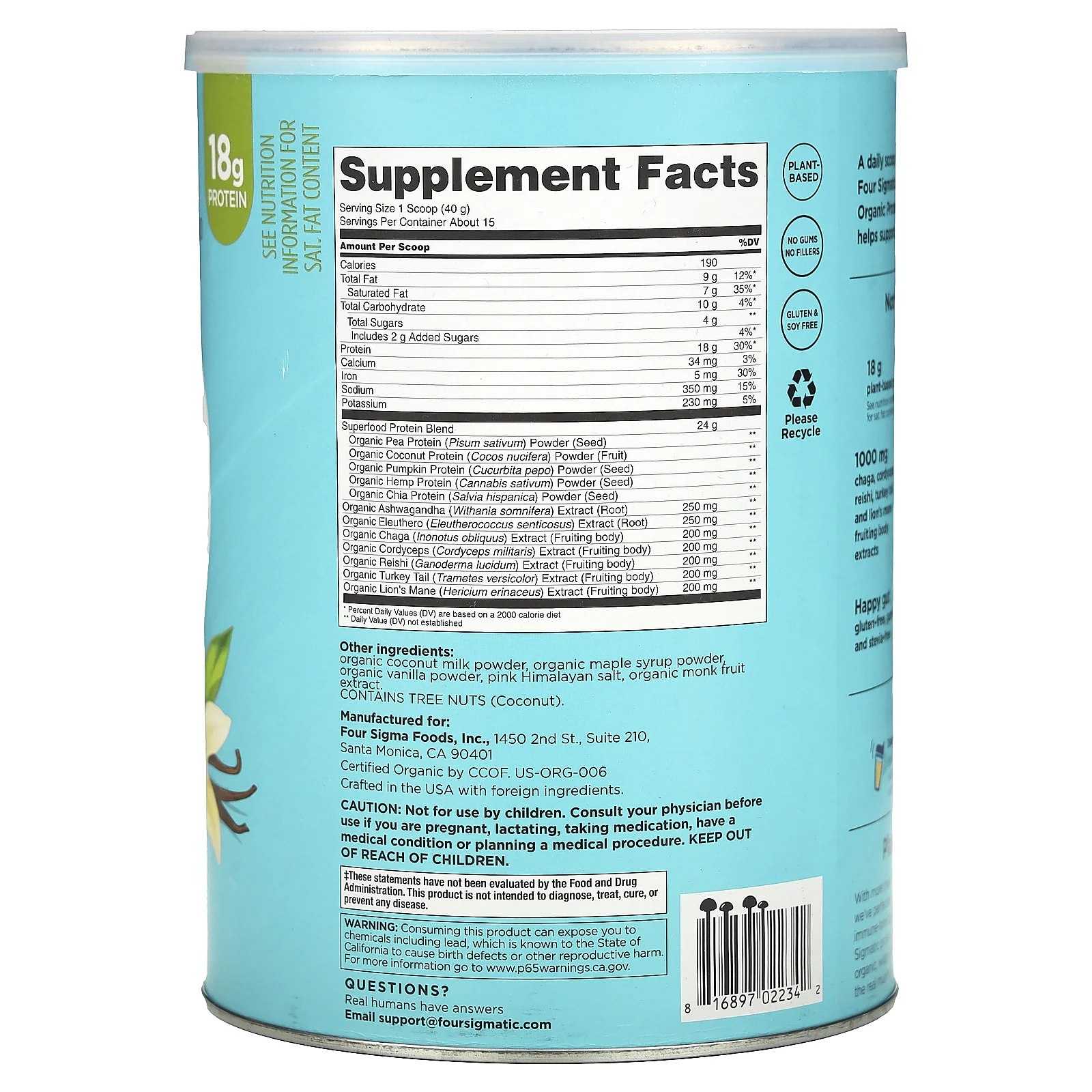 Four Sigmatic, органический растительный протеин, со вкусом сладкой ванили, 600 г (1,32 фунта)