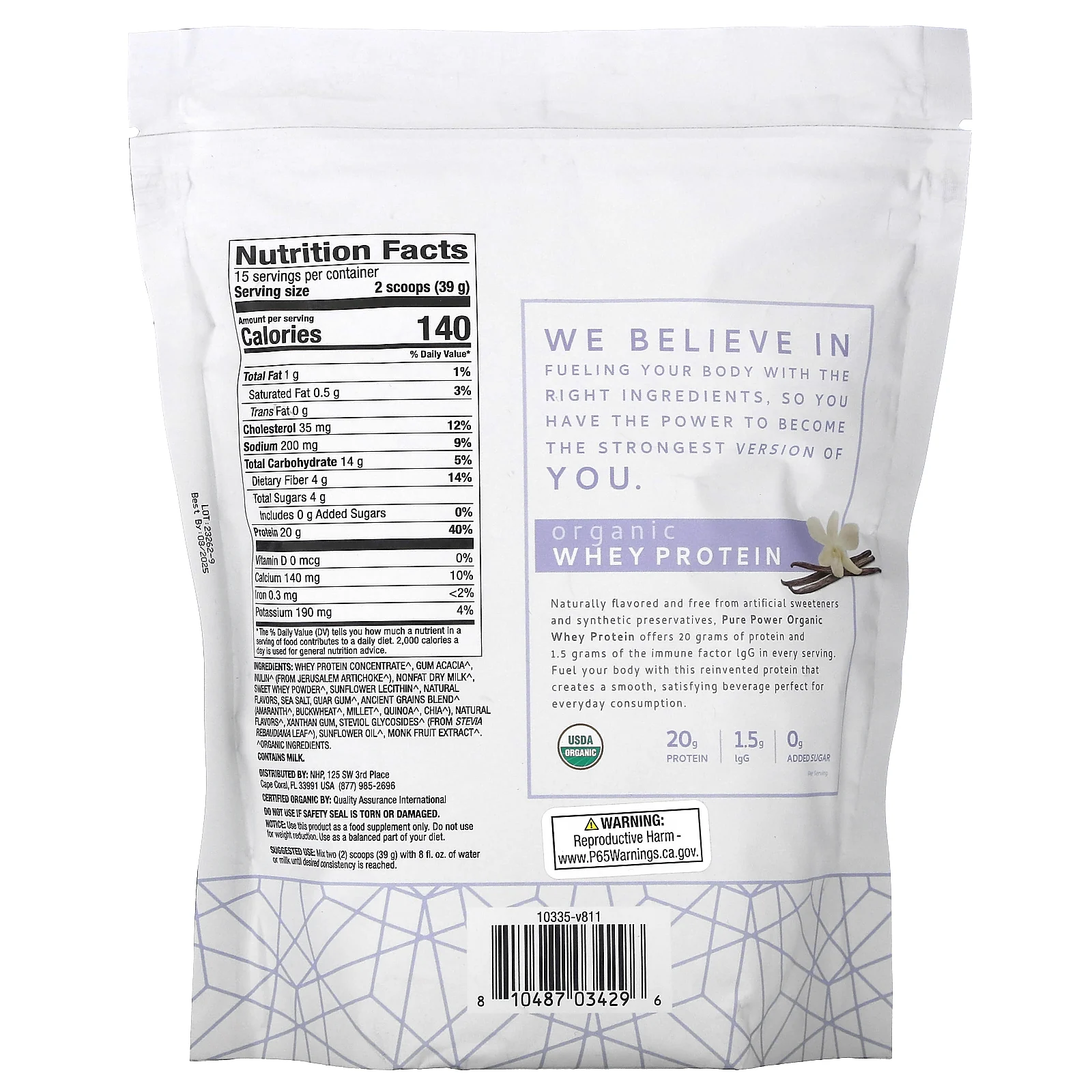 Dr. Mercola, Pure Power, органический сывороточный протеин, со вкусом ванили, 585 г (1 фунт, 4,6 унции)